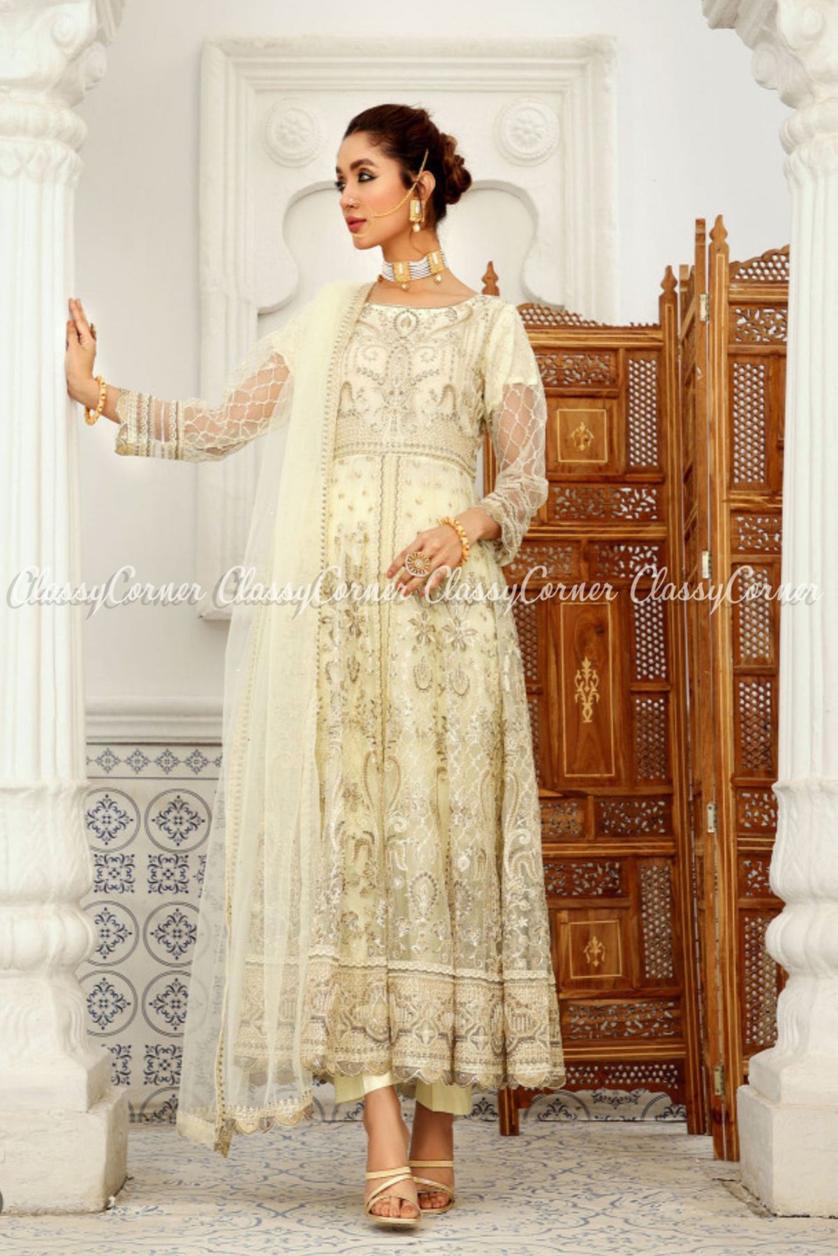 Pakistani Net Embroidered Readymade Gown Maxi Dress - Classy Corner