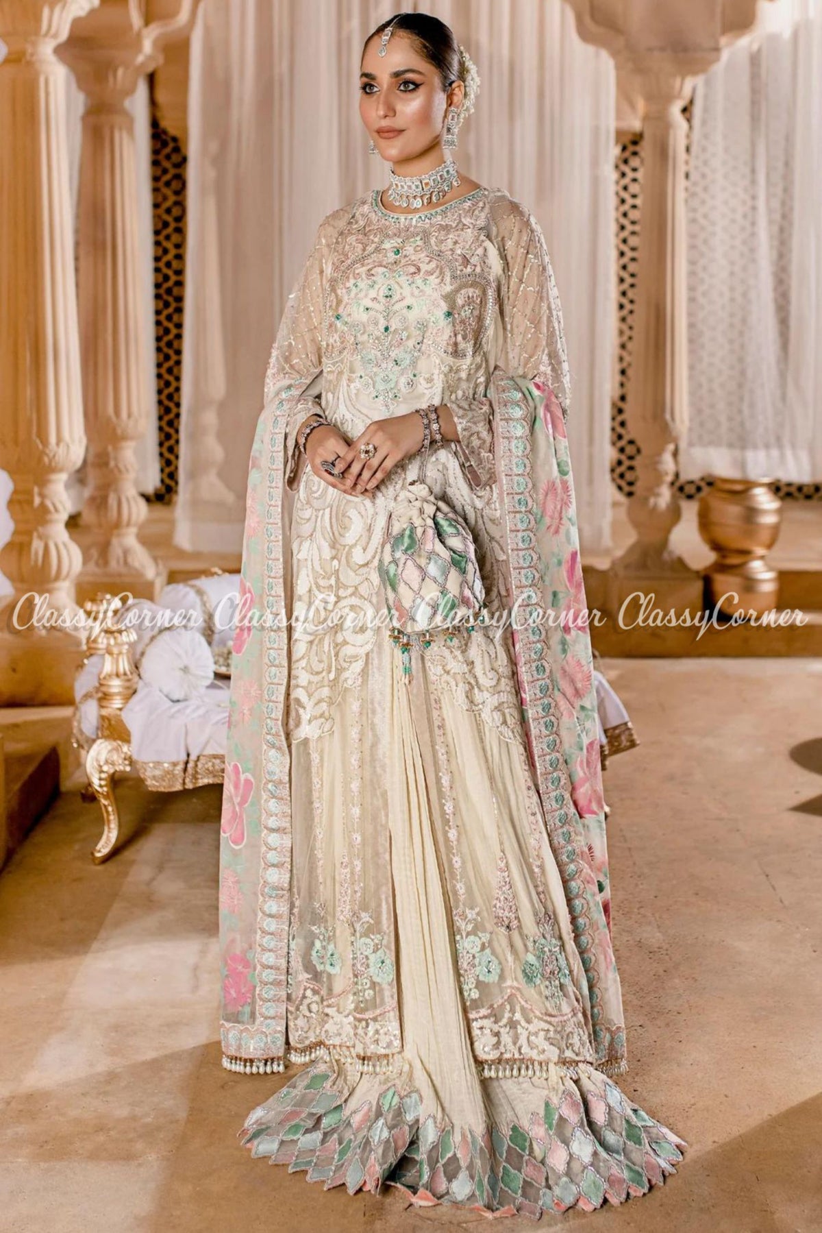 Cream White Multi Organza Embroidered Sharara Dress