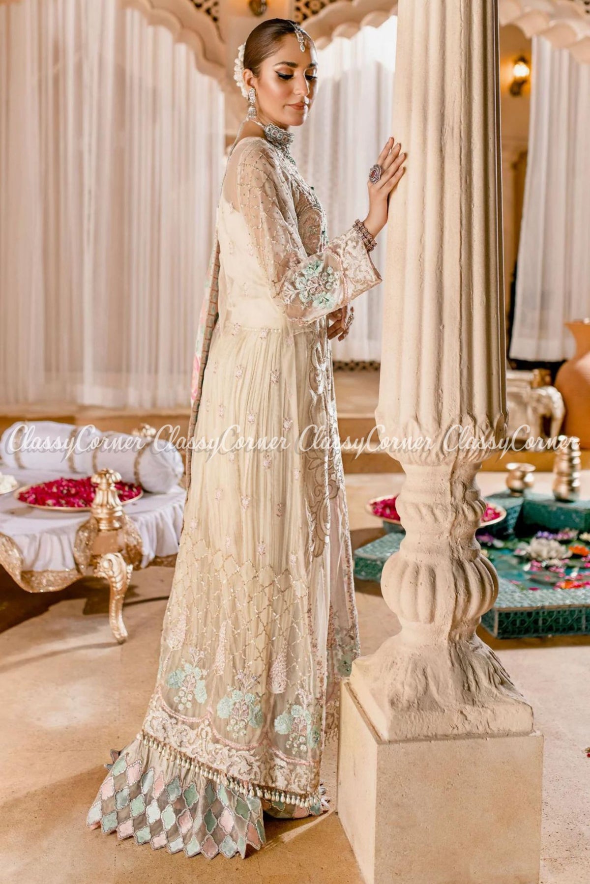 Cream White Multi Organza Embroidered Sharara Dress