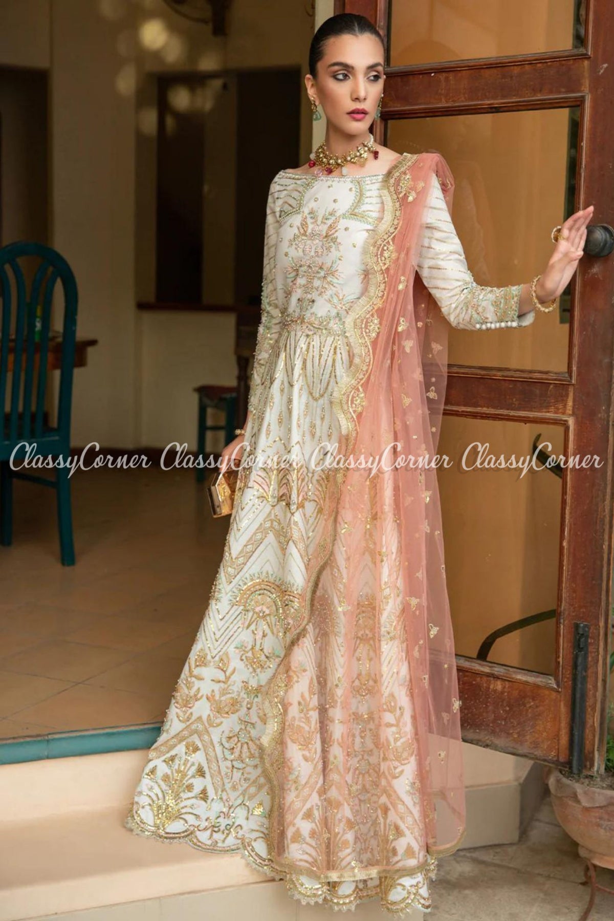 Cream White Golden Peach Embroidered Gown Dress