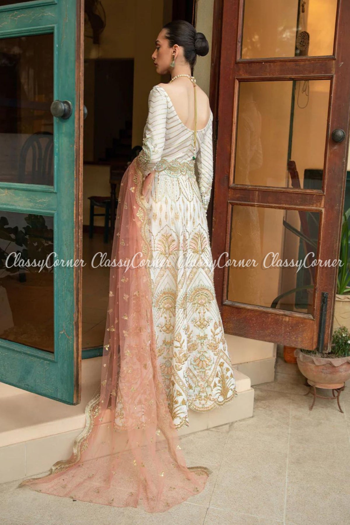 Cream White Golden Peach Embroidered Gown Dress