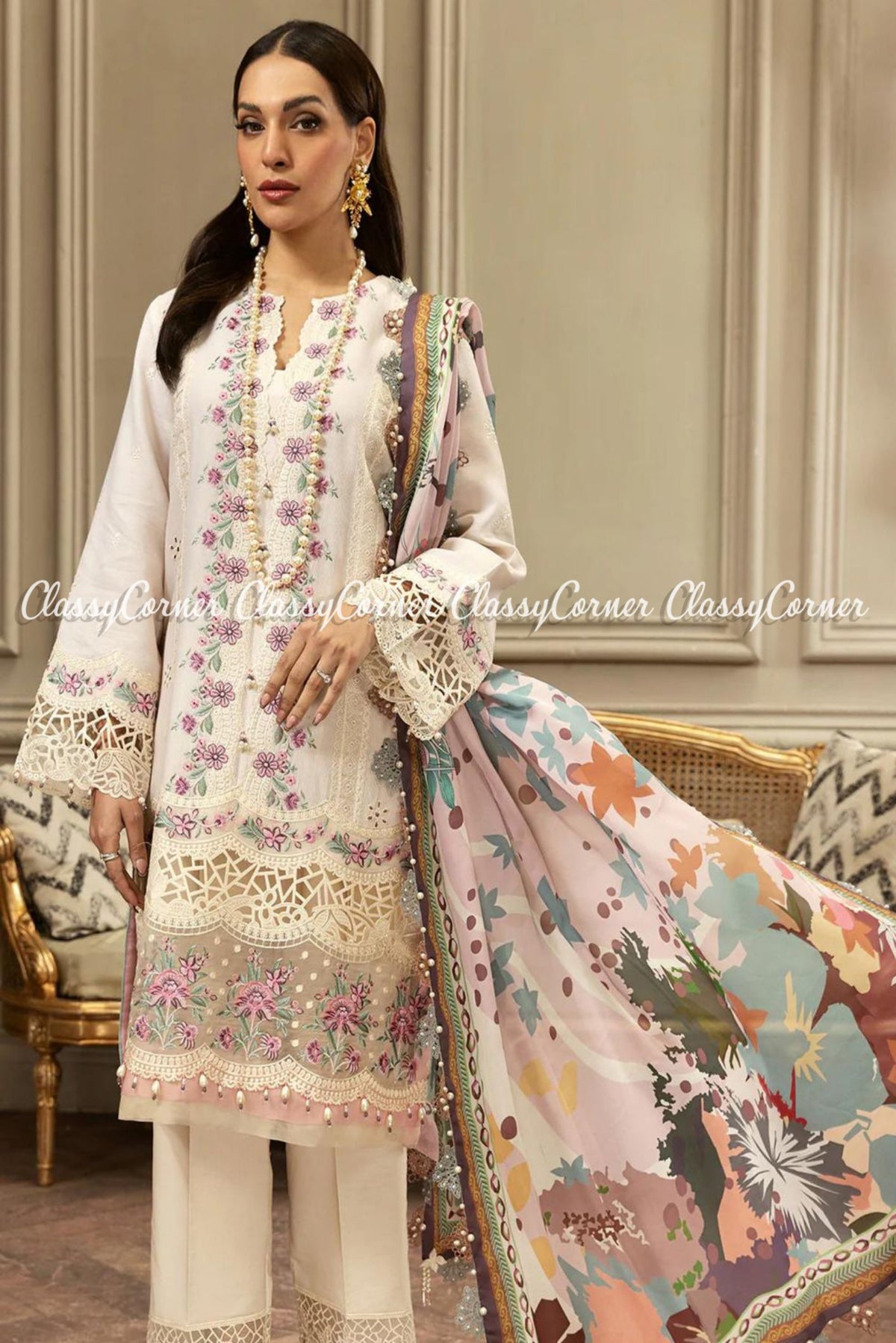 Cream White Multi Color Lawn Embroidered Salwar Kameez