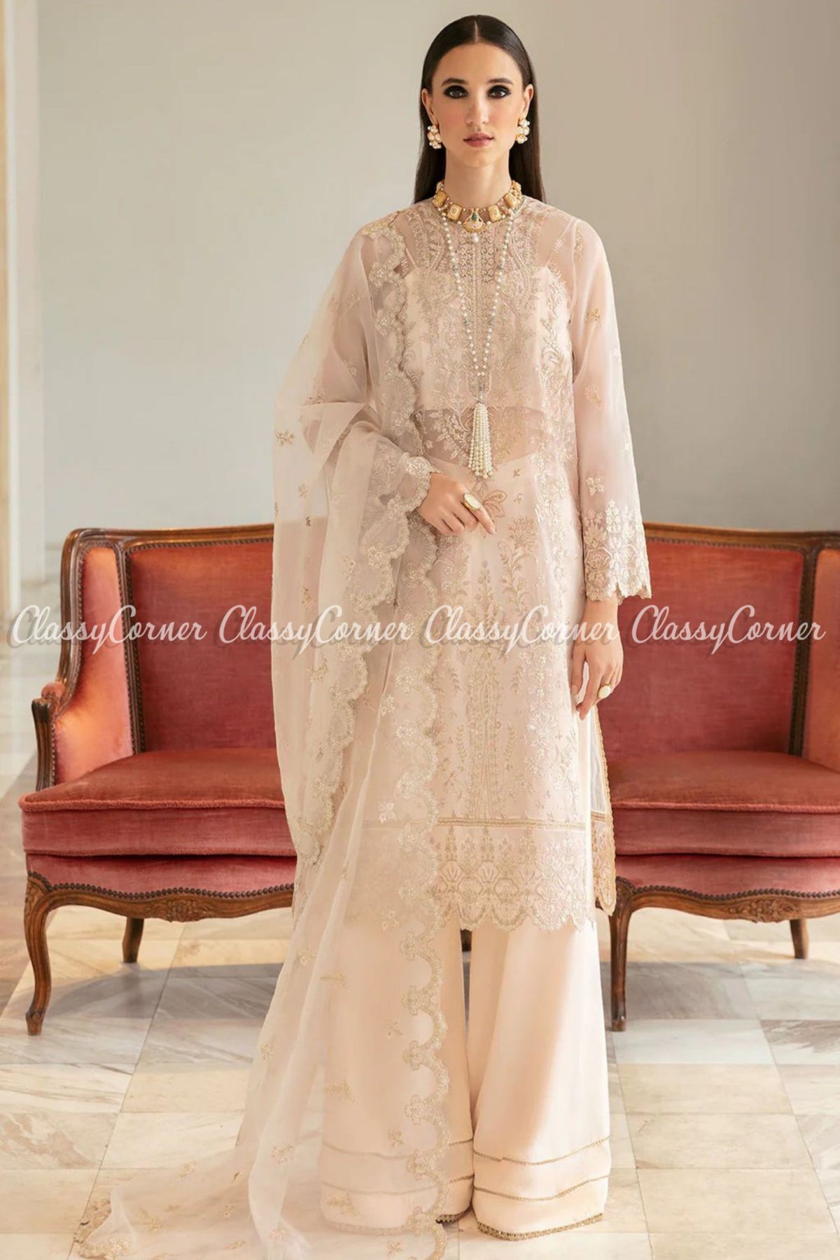 Cream White Organza Embroidered Party Wear Suit