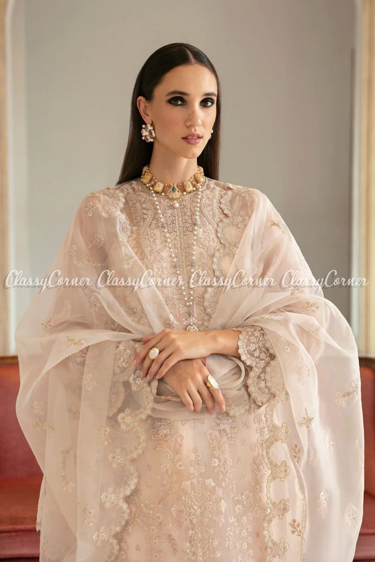 Cream White Organza Embroidered Party Wear Suit