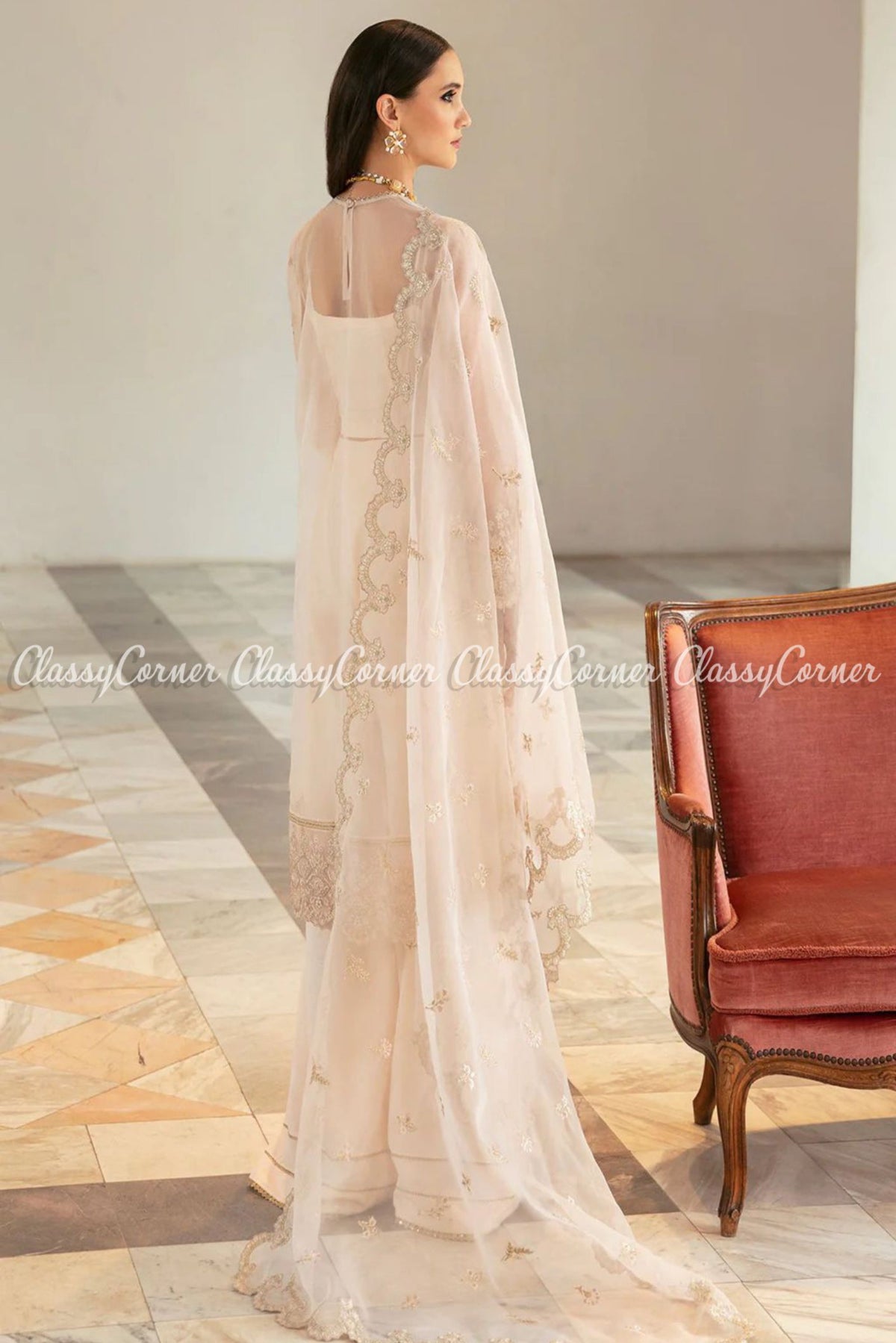 Cream White Organza Embroidered Party Wear Suit