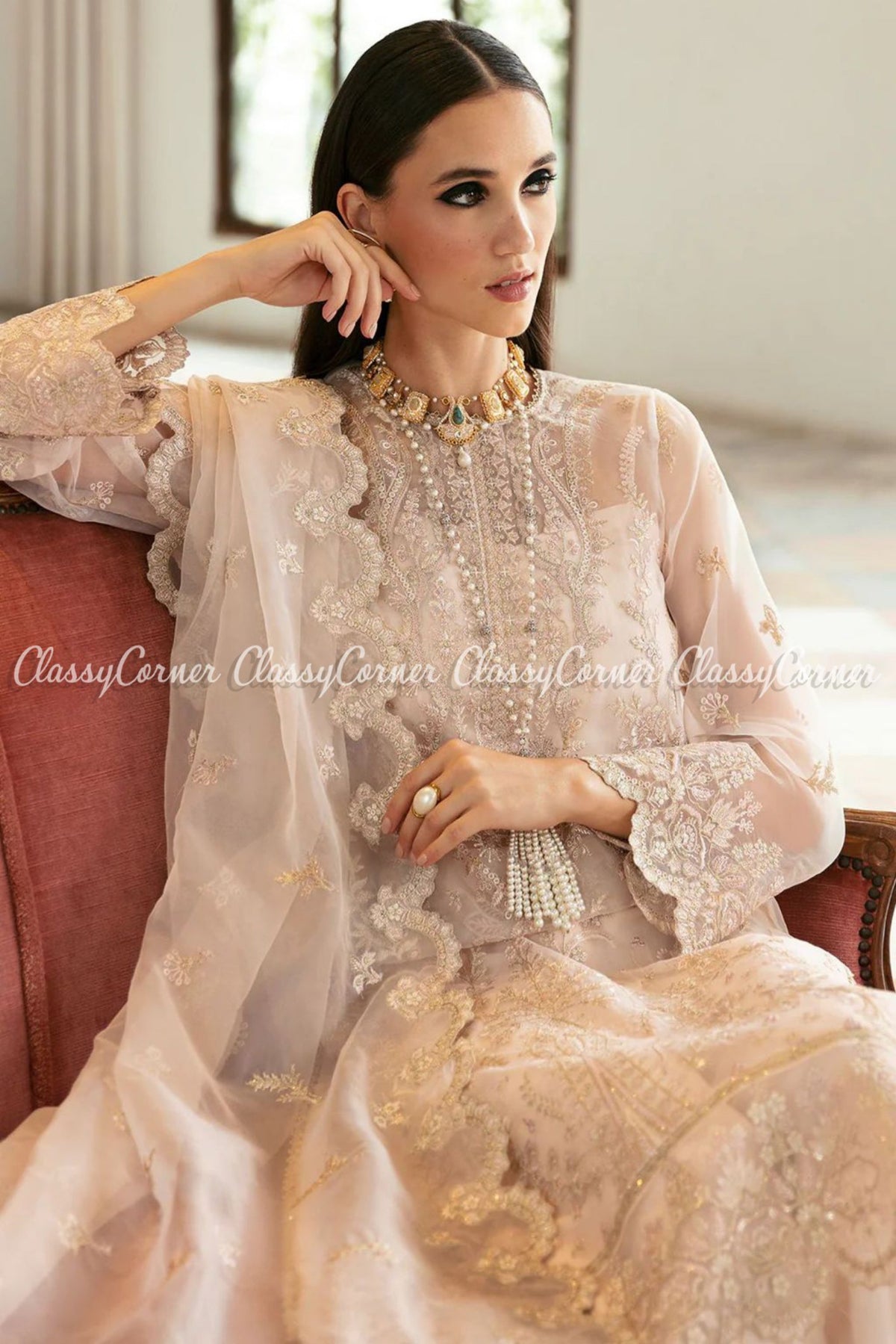 Cream White Organza Embroidered Party Wear Suit