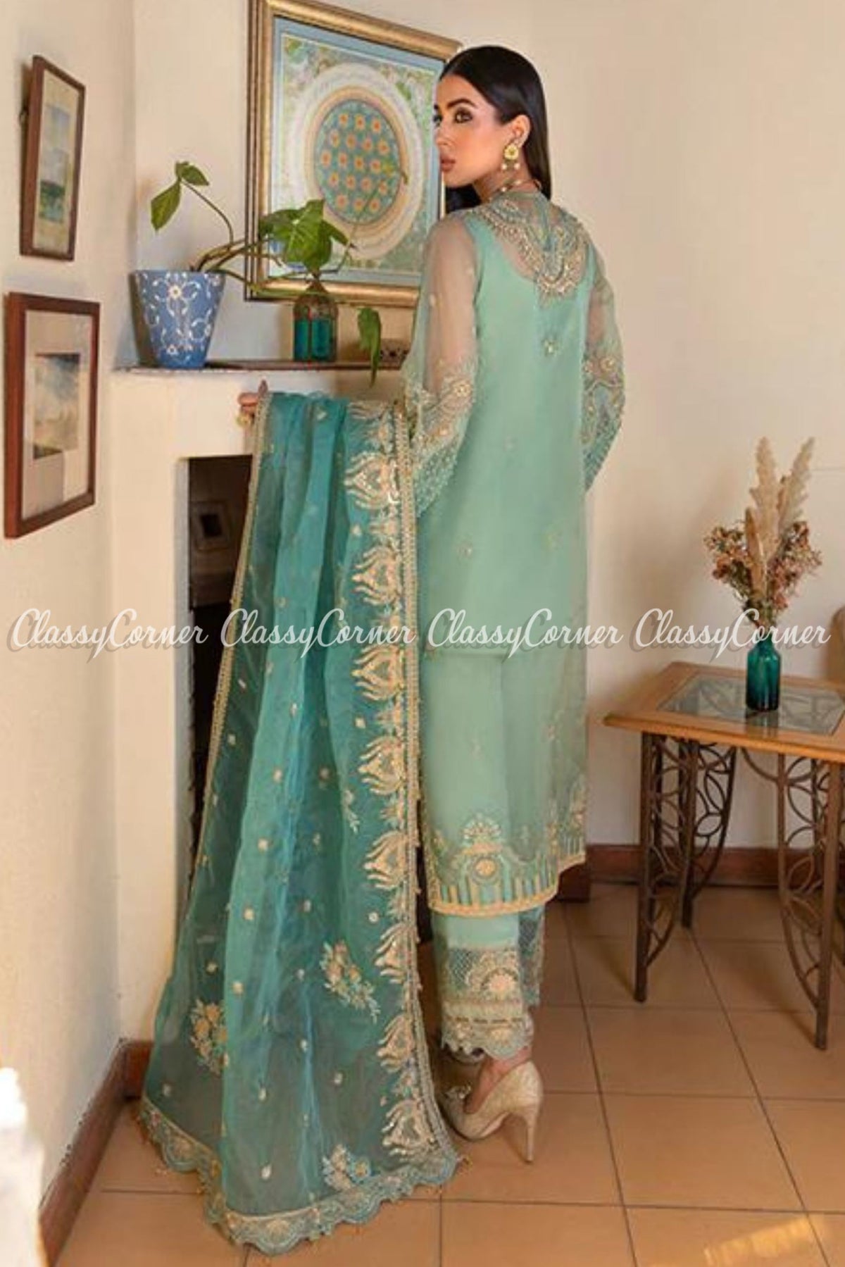 Pakistani Cyan Blue Golden Organza Embroidered Salwar Kameez