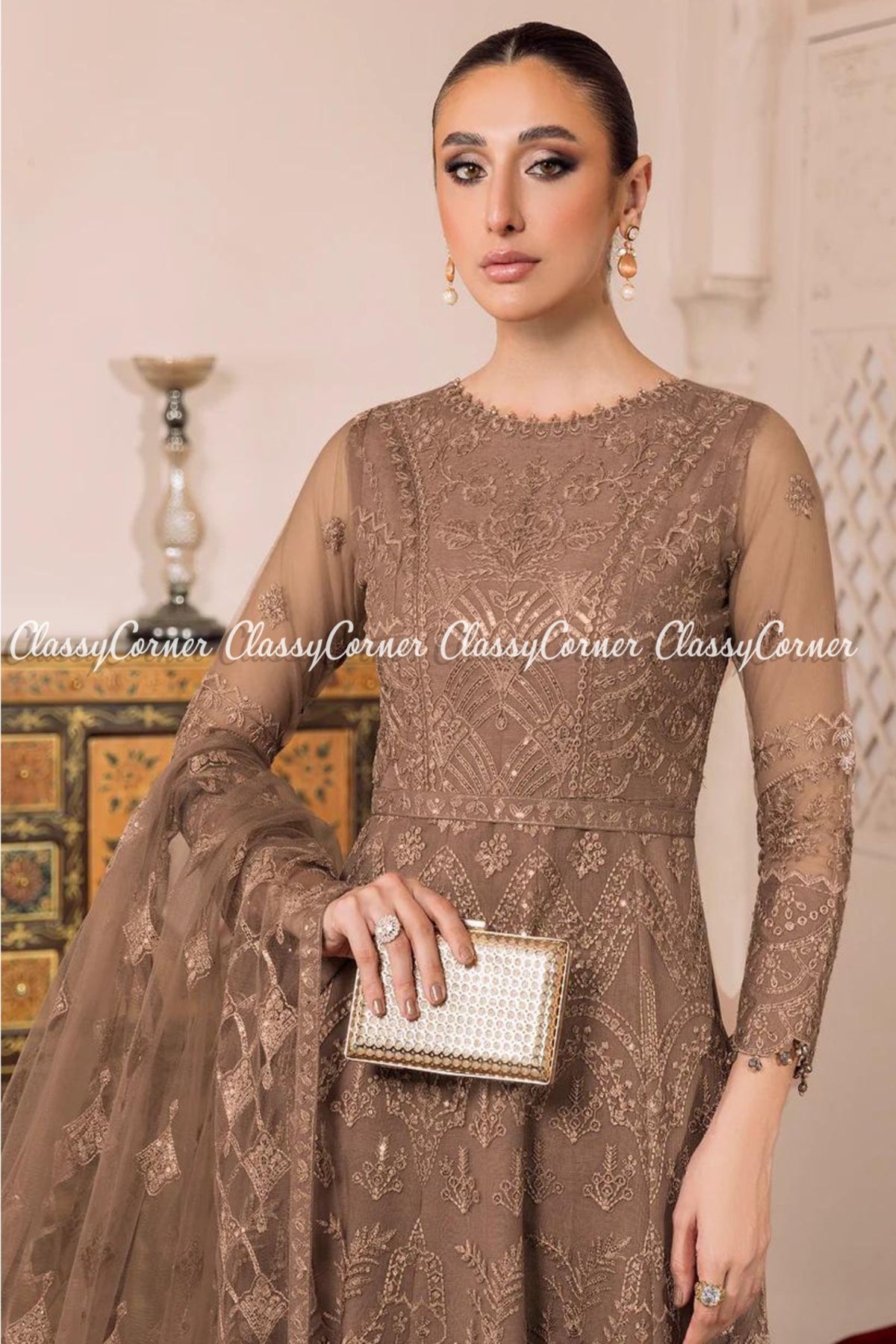 Dark Beige Chiffon Embroidered Party Wear Gown Outfit