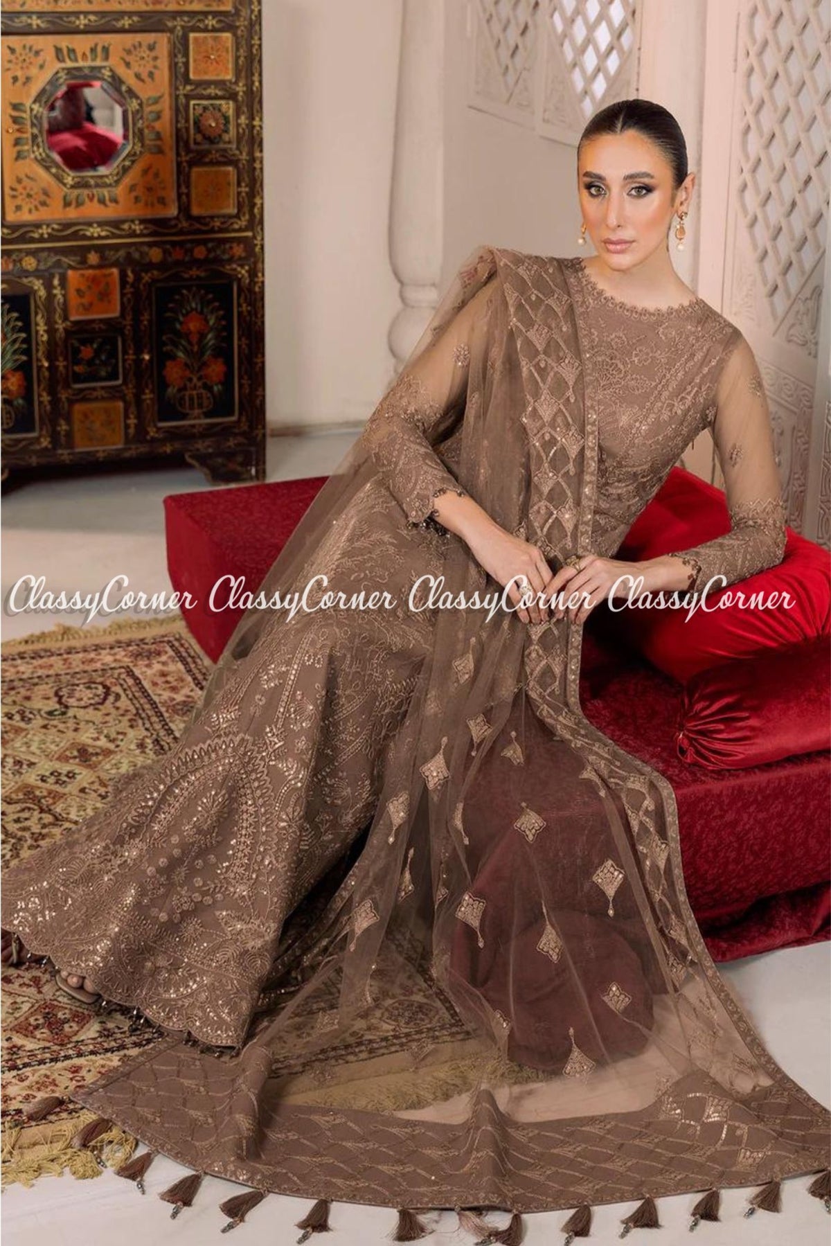 Dark Beige Chiffon Embroidered Party Wear Gown Outfit