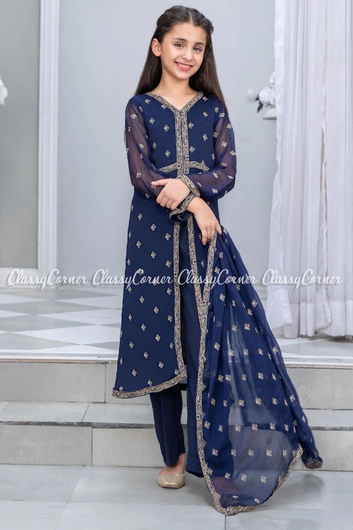 Dark Blue Chiffon Embroidered Girls Party Wear Outfit