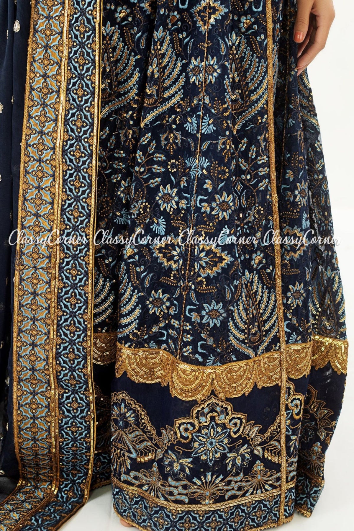 Dark Blue Golden Chiffon Embroidered Angrakha Style Gown