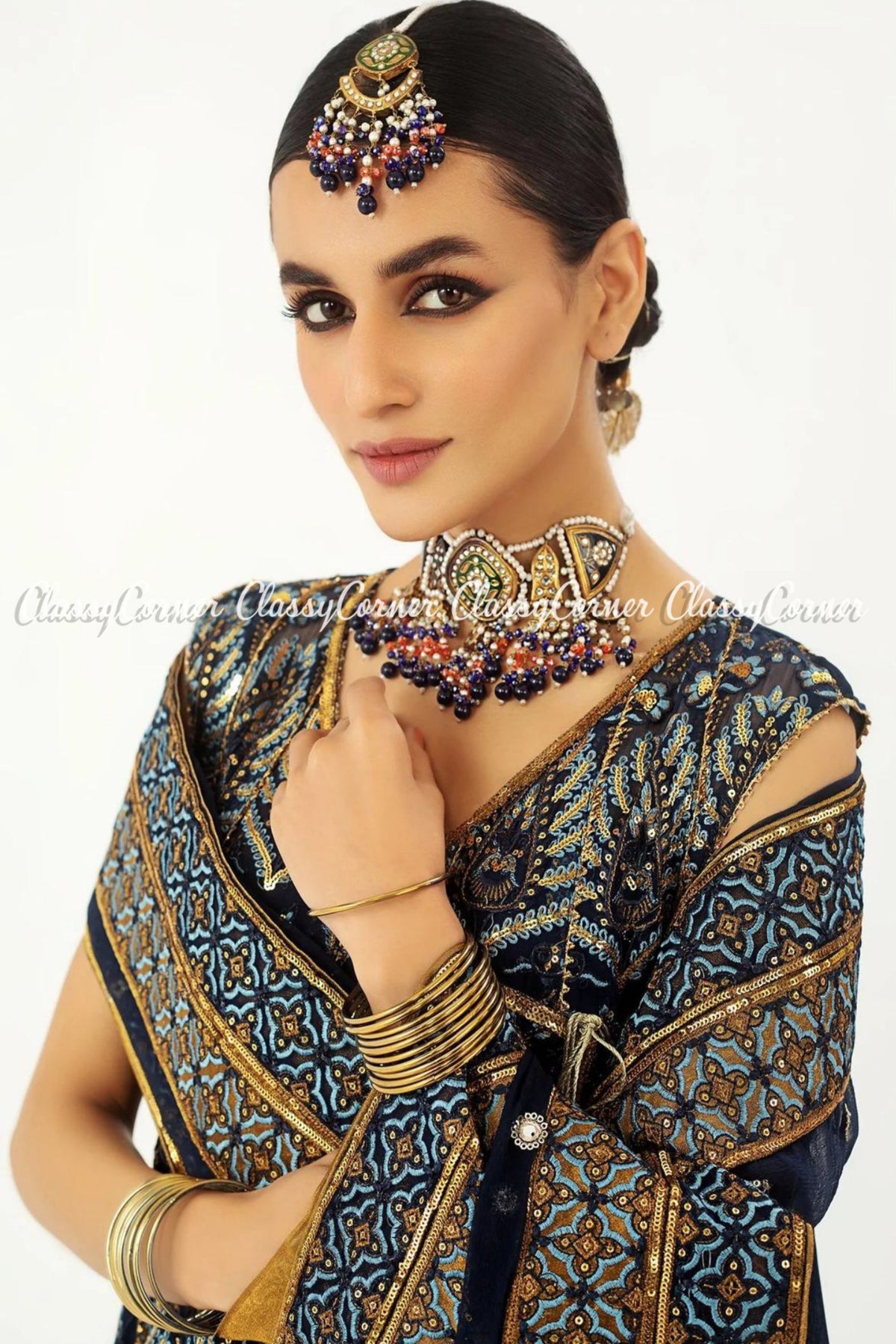 Dark Blue Golden Chiffon Embroidered Angrakha Style Gown