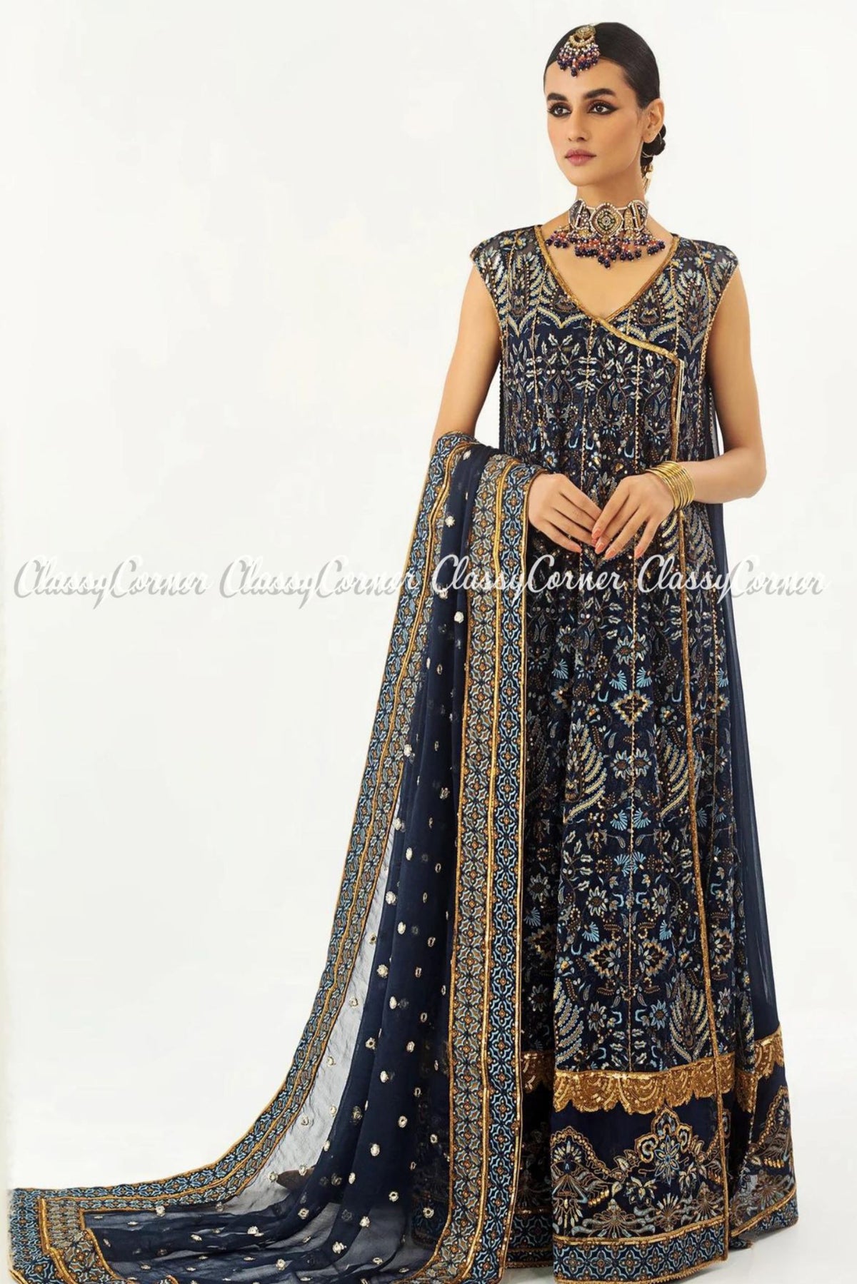 Dark Blue Golden Chiffon Embroidered Angrakha Style Gown