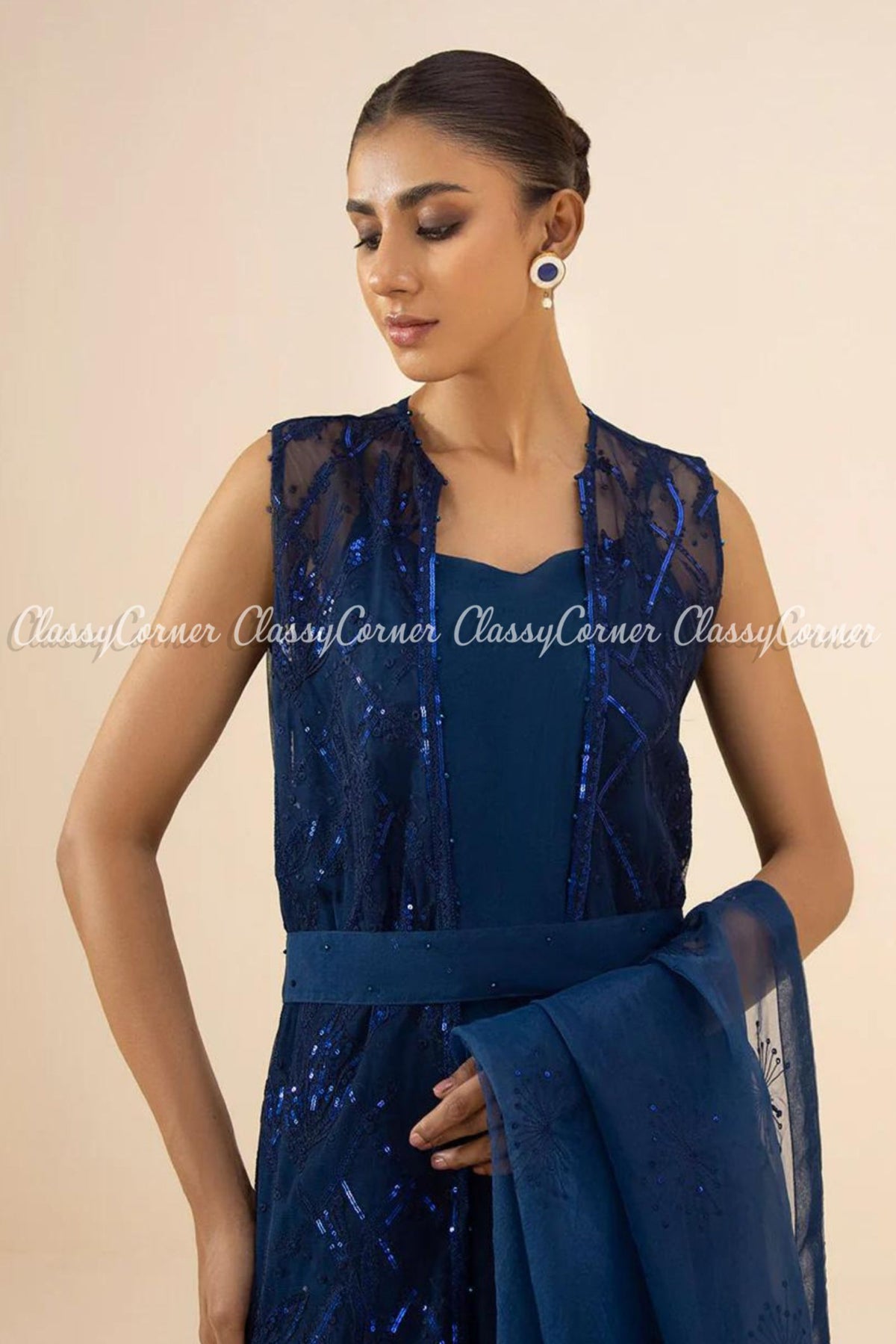 Pakistani Dark Blue Net Embroidered Gown Style Salwar Kameez
