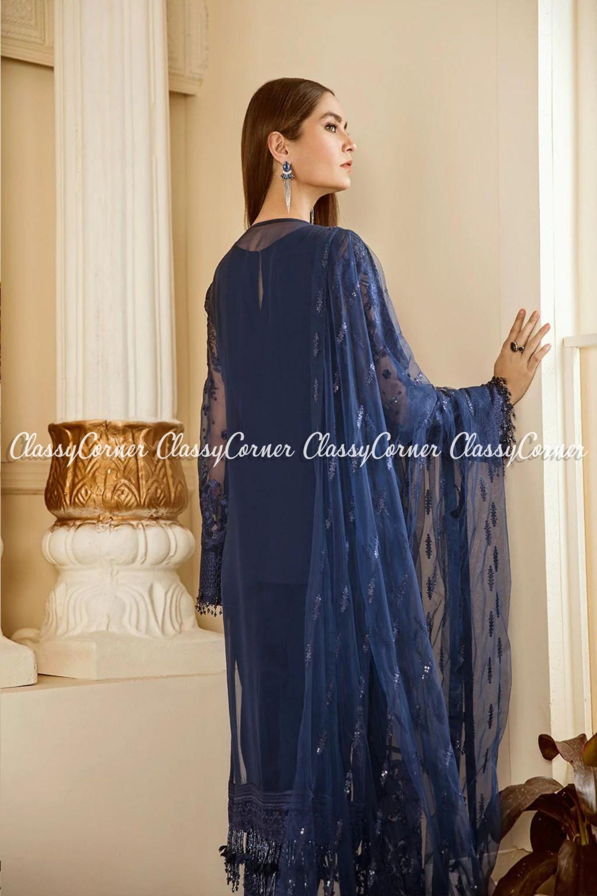 Dark Blue Chiffon Embroidered Party Wear Gown Salwar Kameez