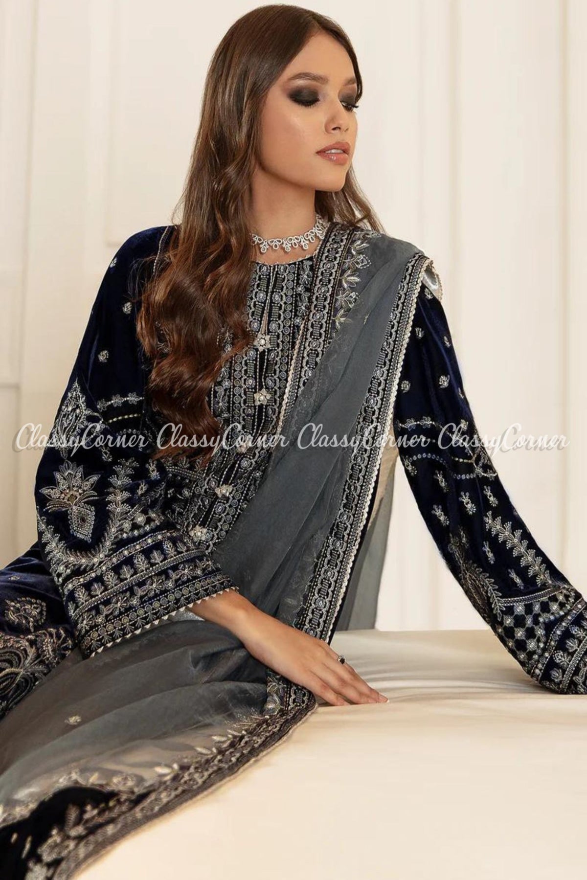 Dark Blue Grey Velvet Embroidered Wedding Wear Suit