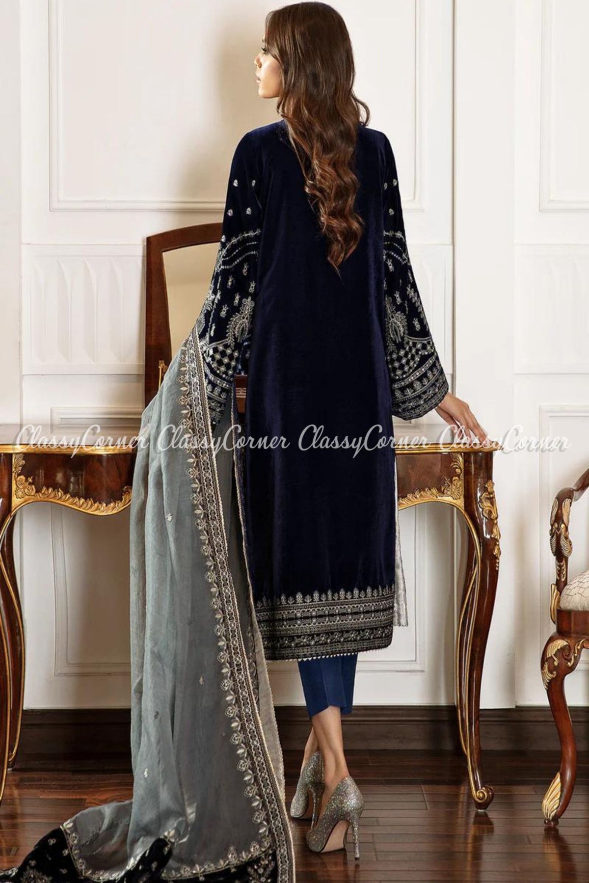 Dark Blue Grey Velvet Embroidered Wedding Wear Suit