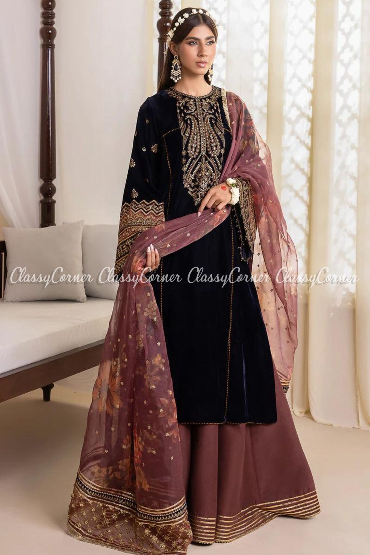 Dark Blue Pink Velvet Embroidered Pakistani Sharara