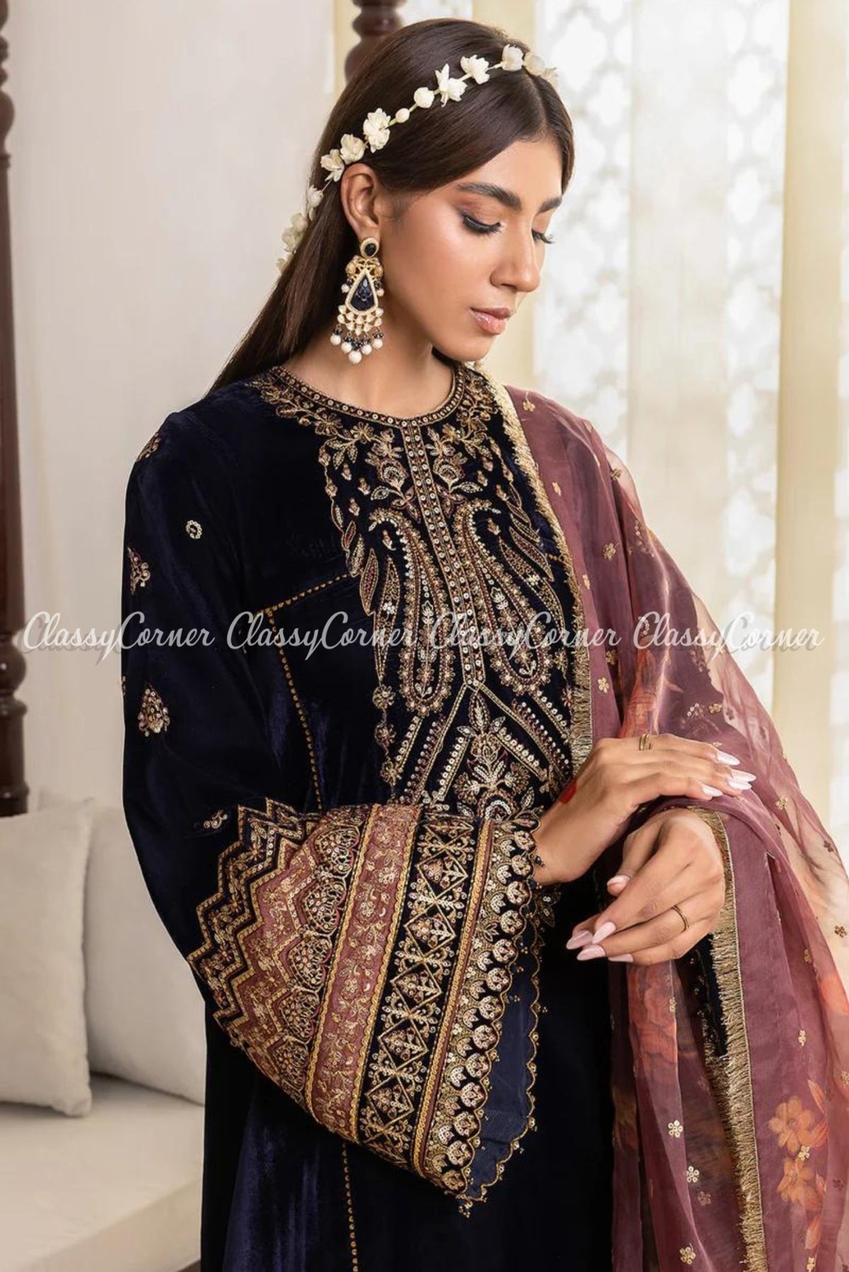 Dark Blue Pink Velvet Embroidered Pakistani Sharara