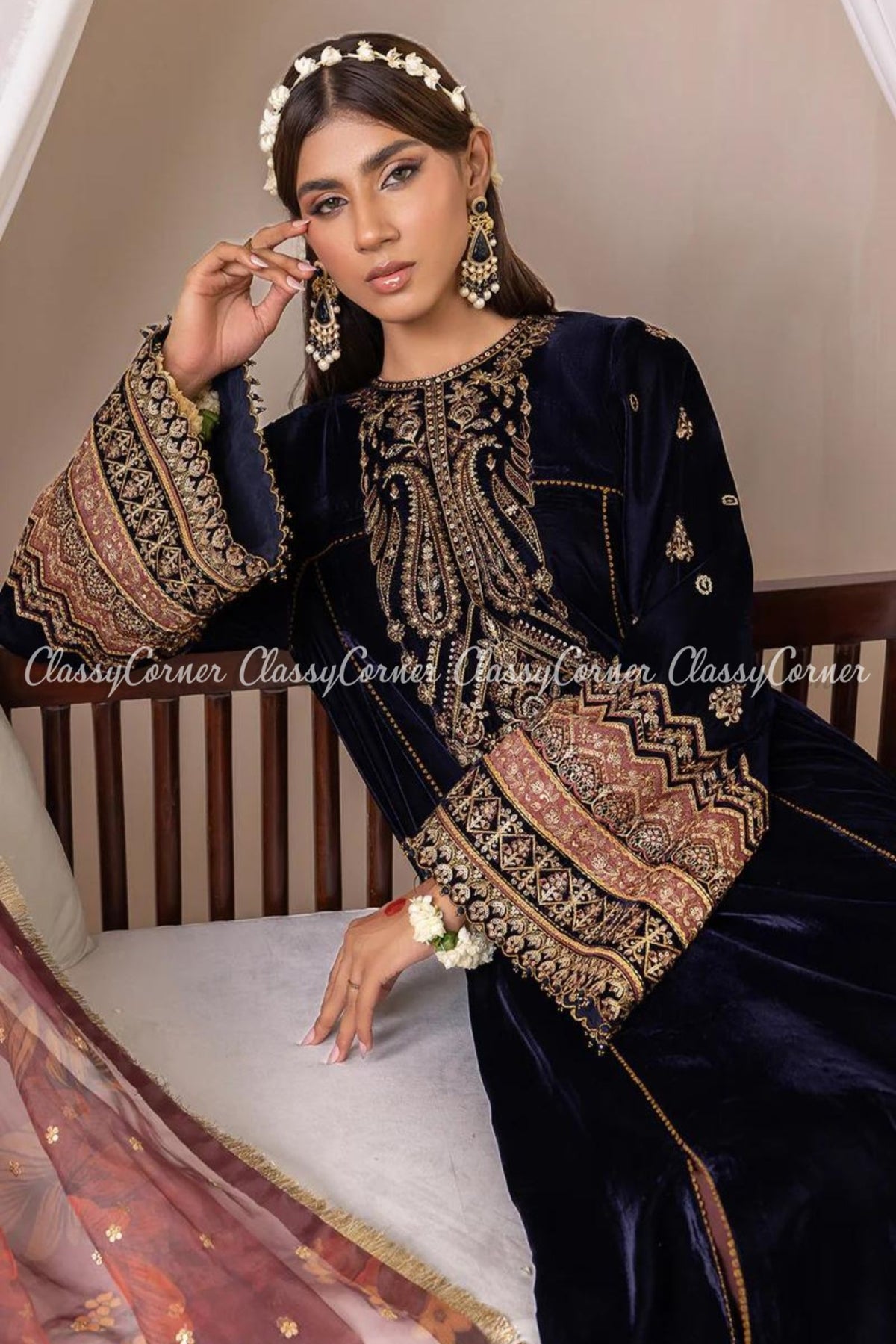 Dark Blue Pink Velvet Embroidered Pakistani Sharara