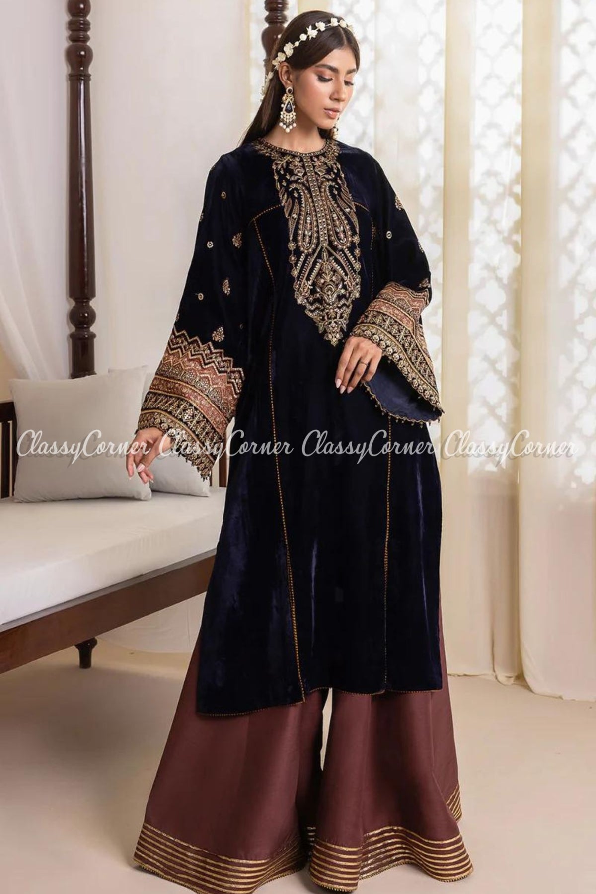 Dark Blue Pink Velvet Embroidered Pakistani Sharara