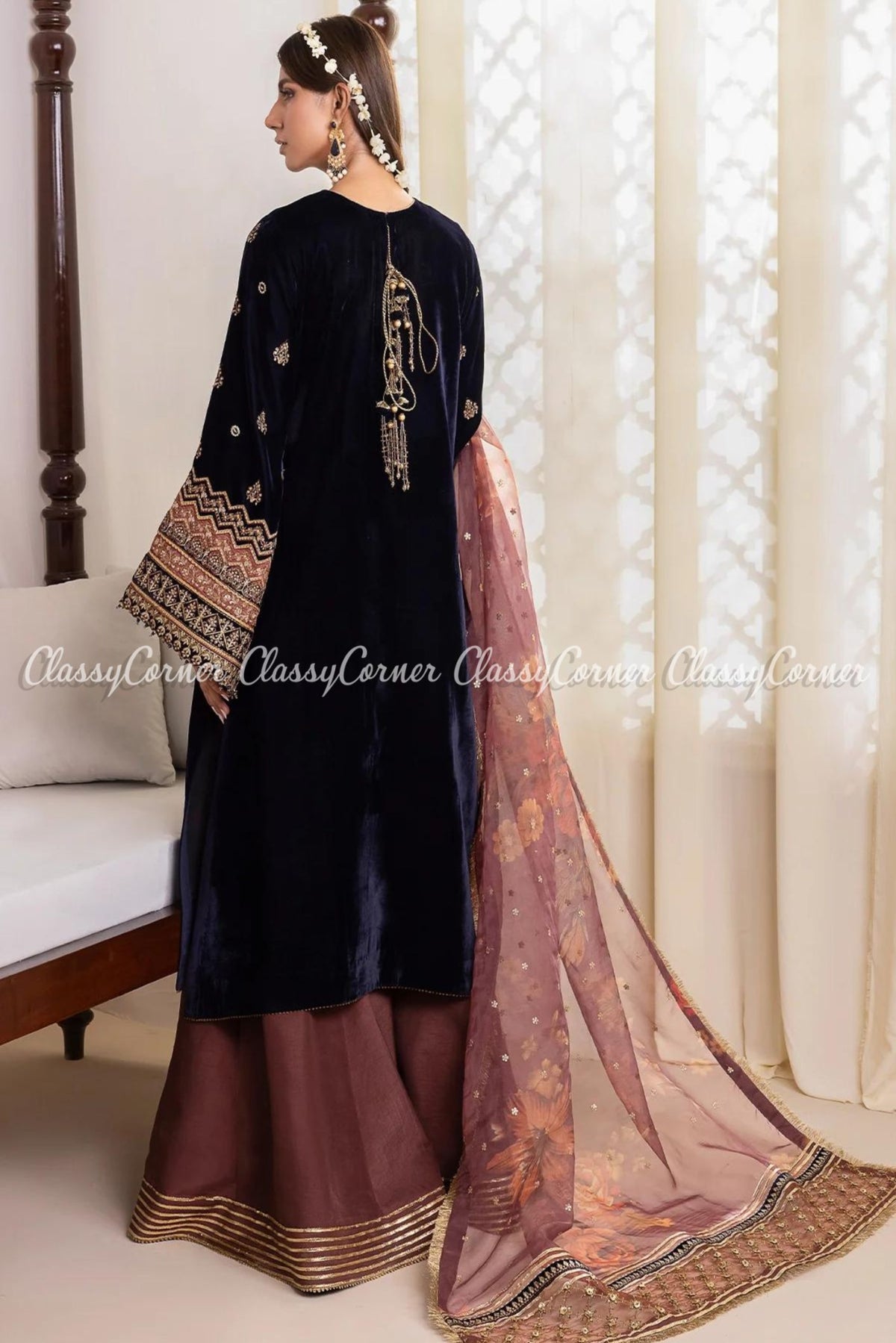 Dark Blue Pink Velvet Embroidered Pakistani Sharara