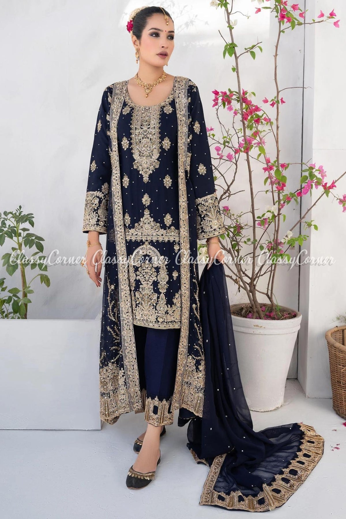 Dark Blue Golden Chiffon Embroidered Gown Style Outfit