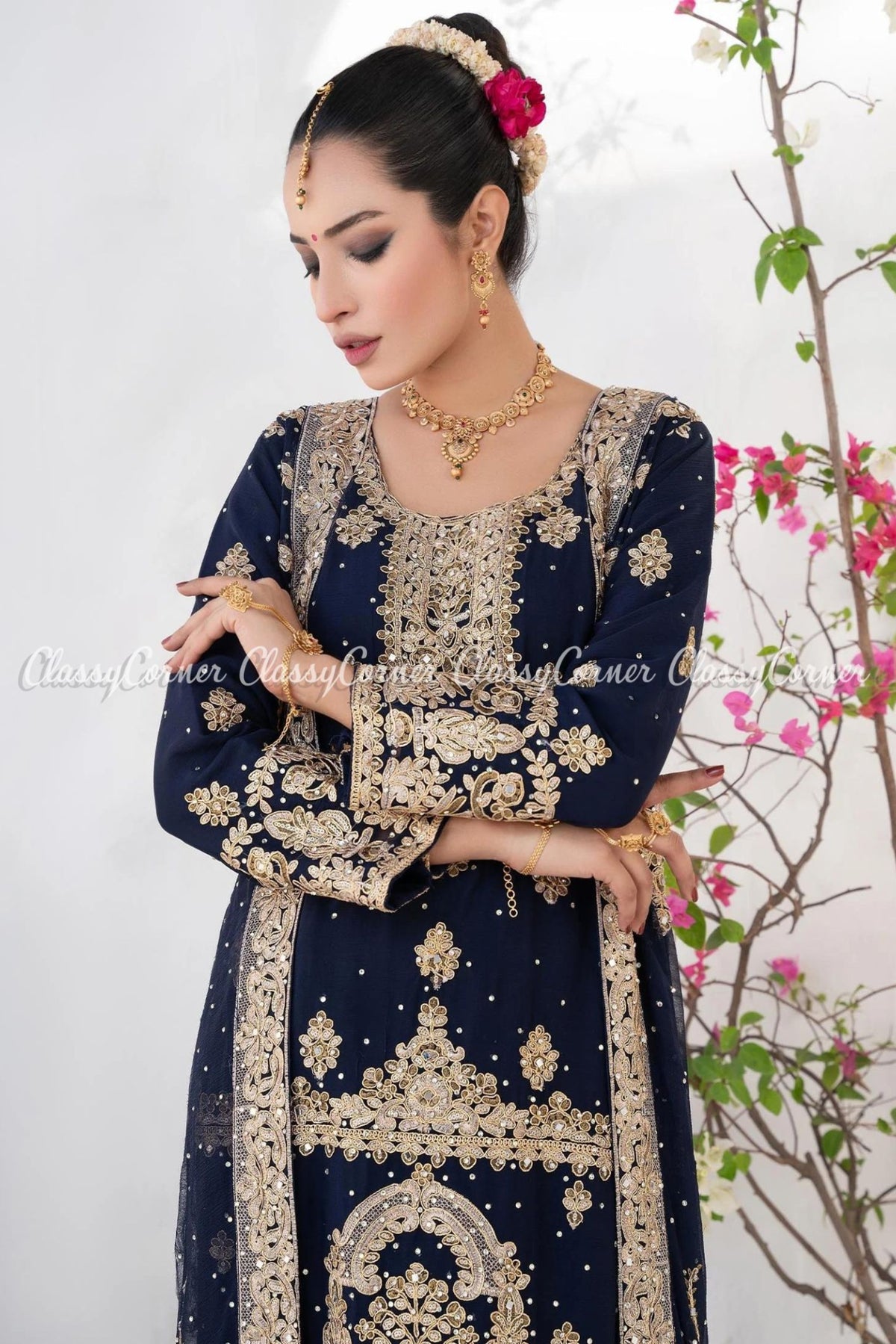 Dark Blue Golden Chiffon Embroidered Gown Style Outfit