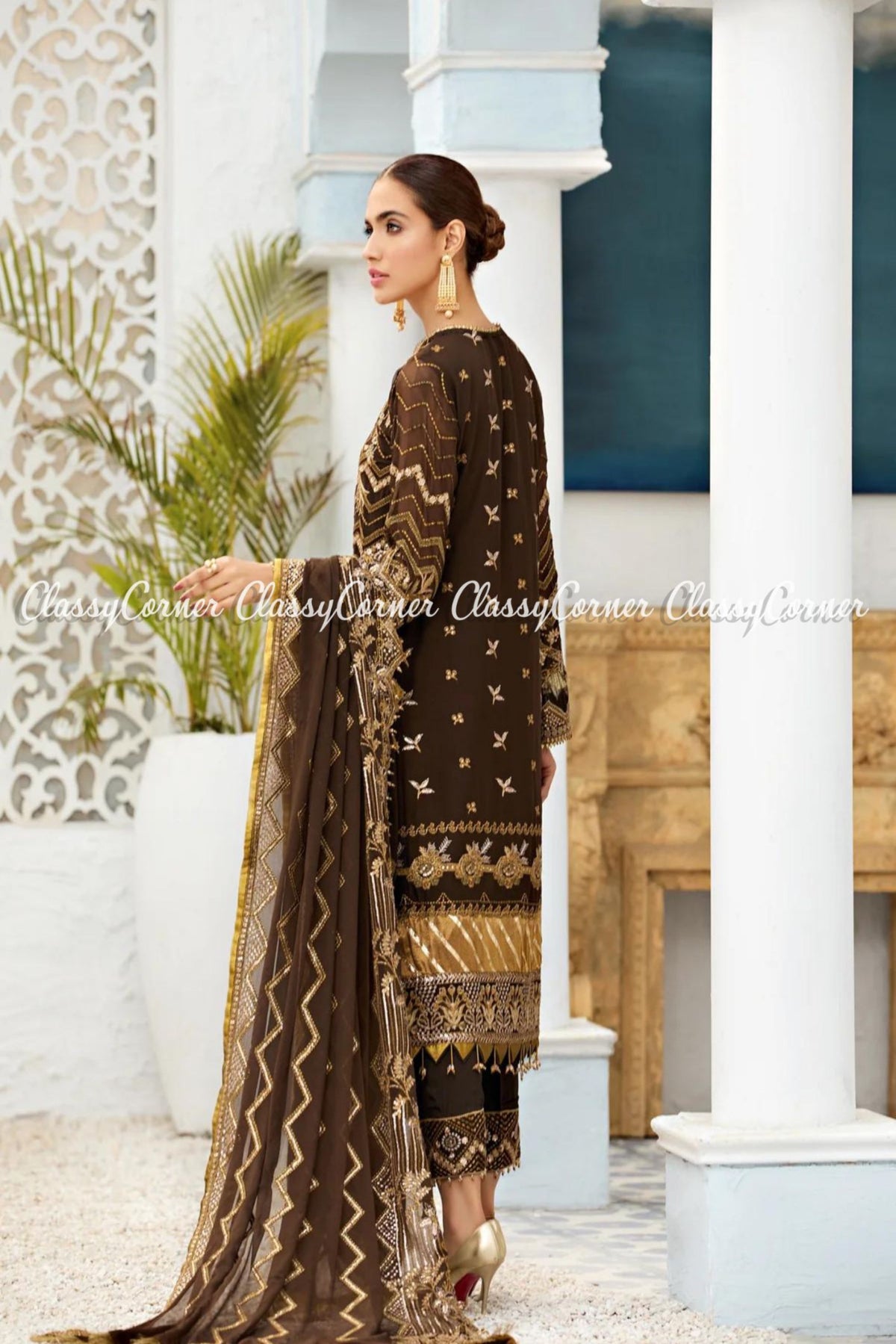 Dark Brown Golden Chiffon Embroidered Pakistani Salwar Kameez