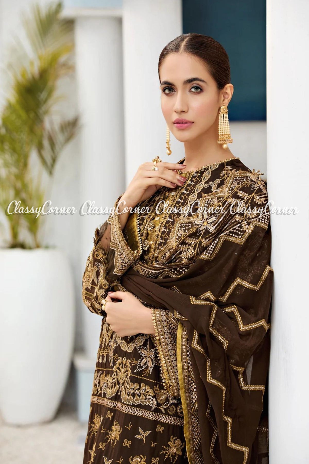 Dark Brown Golden Chiffon Embroidered Pakistani Salwar Kameez