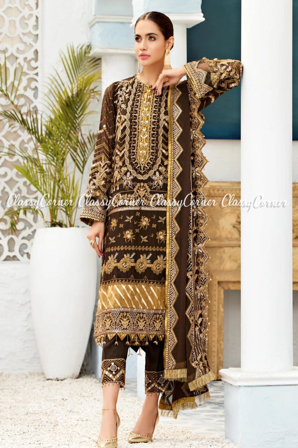 Dark Brown Golden Chiffon Embroidered Pakistani Salwar Kameez