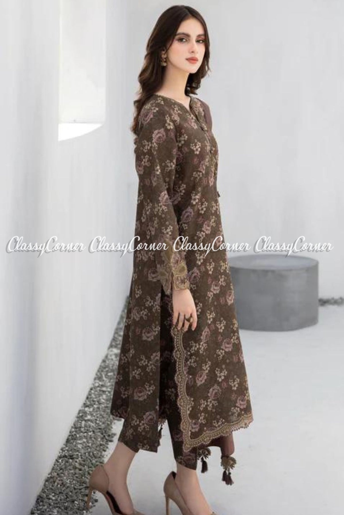 Dark Brown Digital Printed Khadar Semi Formal Wear Outfit