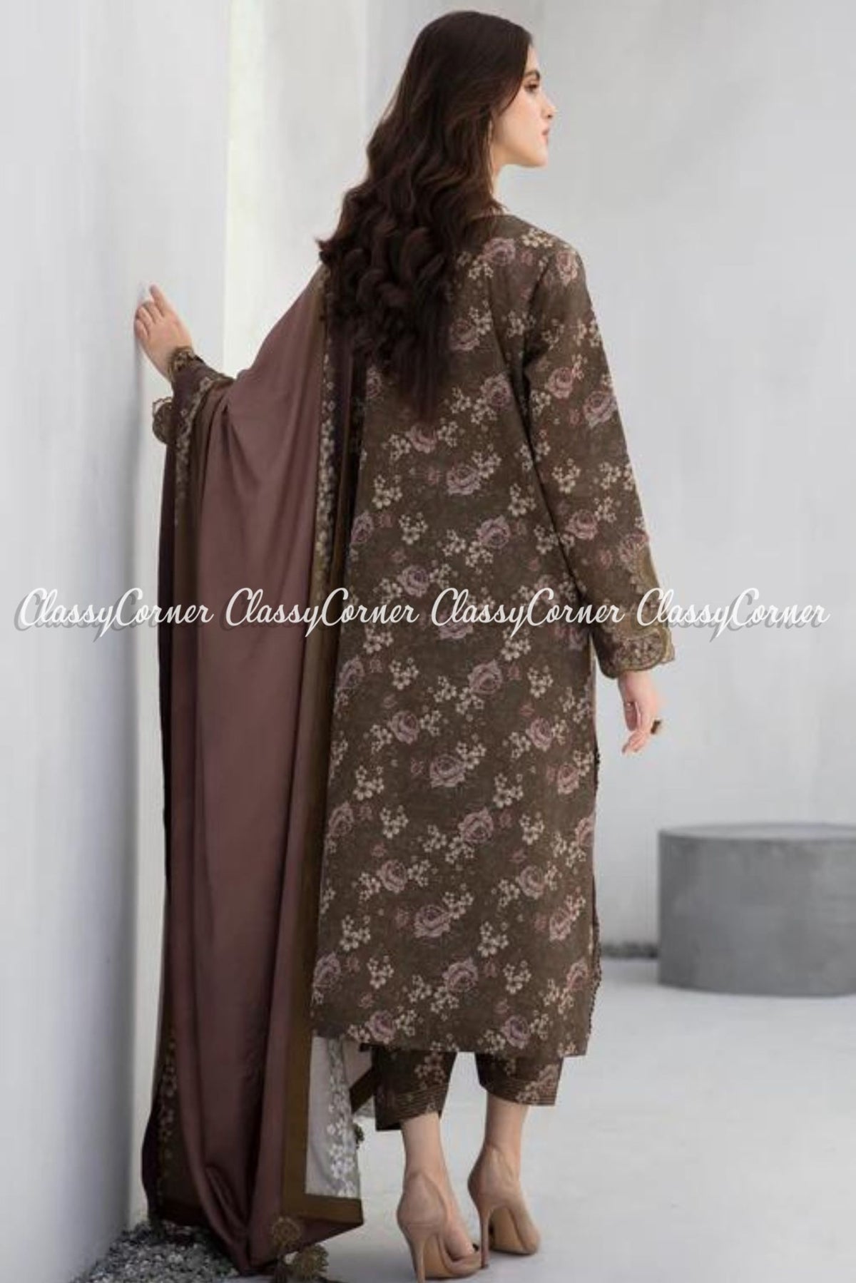 Dark Brown Digital Printed Khadar Semi Formal Wear Outfit