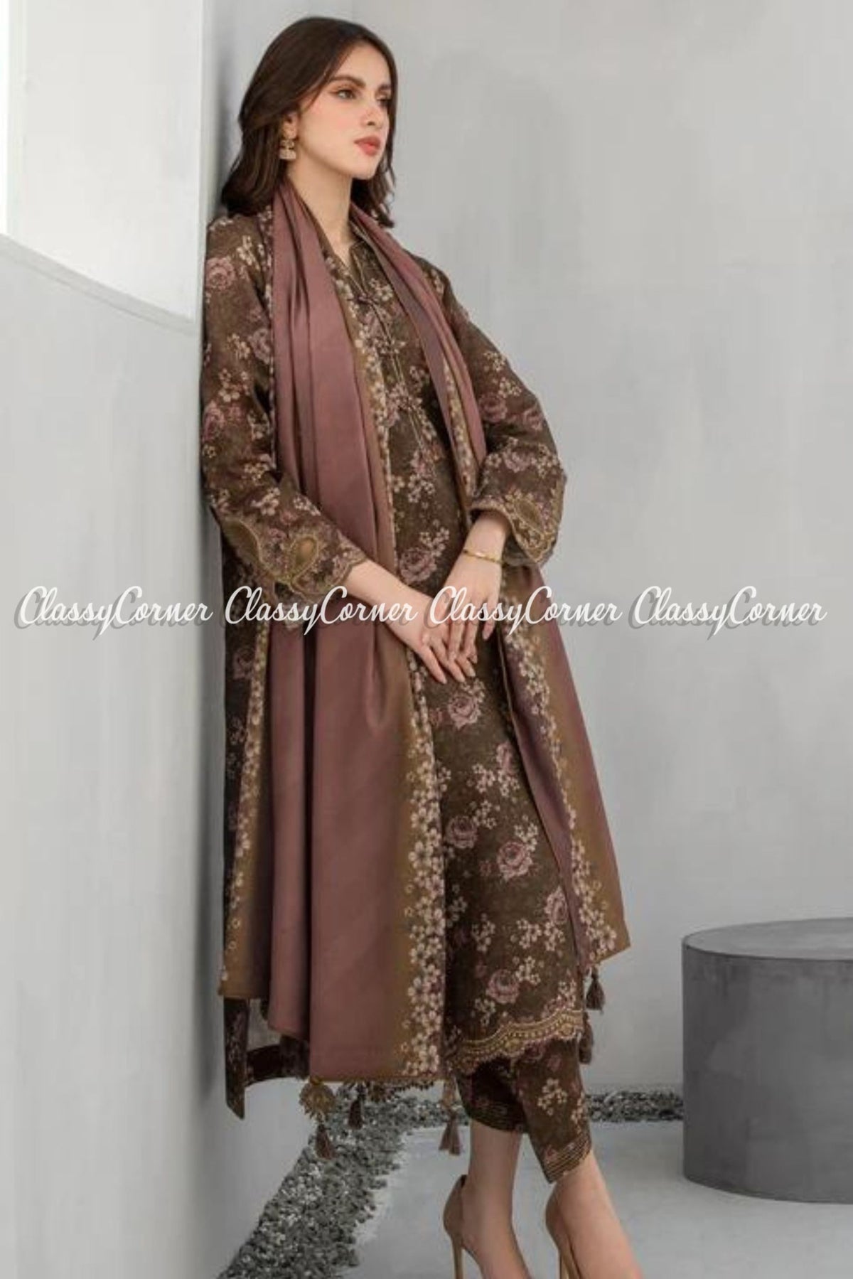 Dark Brown Digital Printed Khadar Semi Formal Wear Outfit