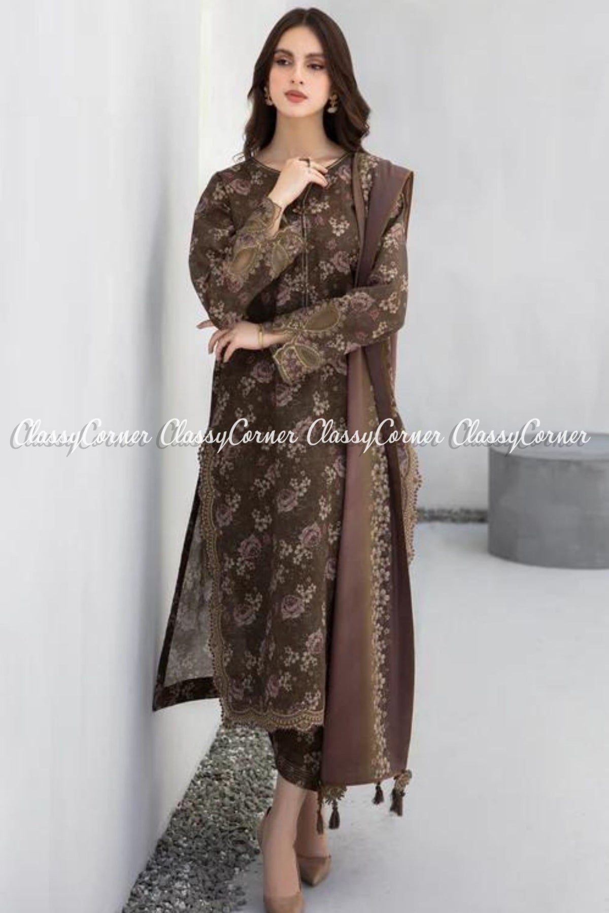 Dark Brown Digital Printed Khadar Semi Formal Wear Outfit