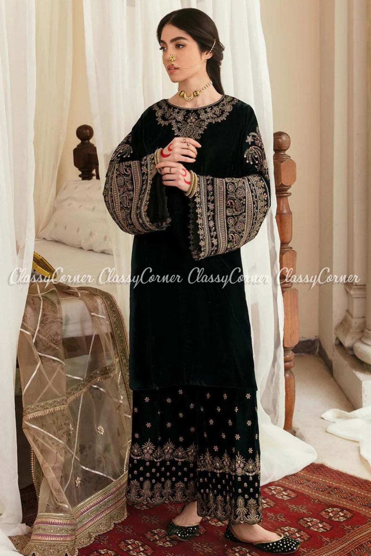 Dark Green Beige Embroidered Velvet Party Wear Salwar Kameez