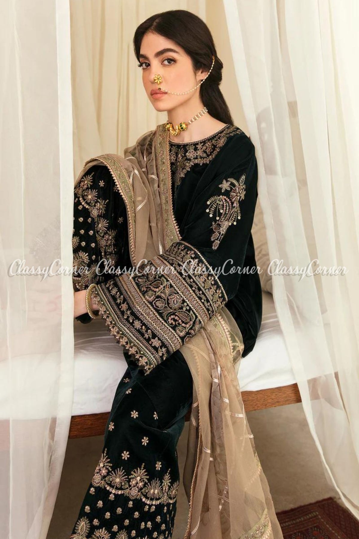 Dark Green Beige Embroidered Velvet Party Wear Salwar Kameez