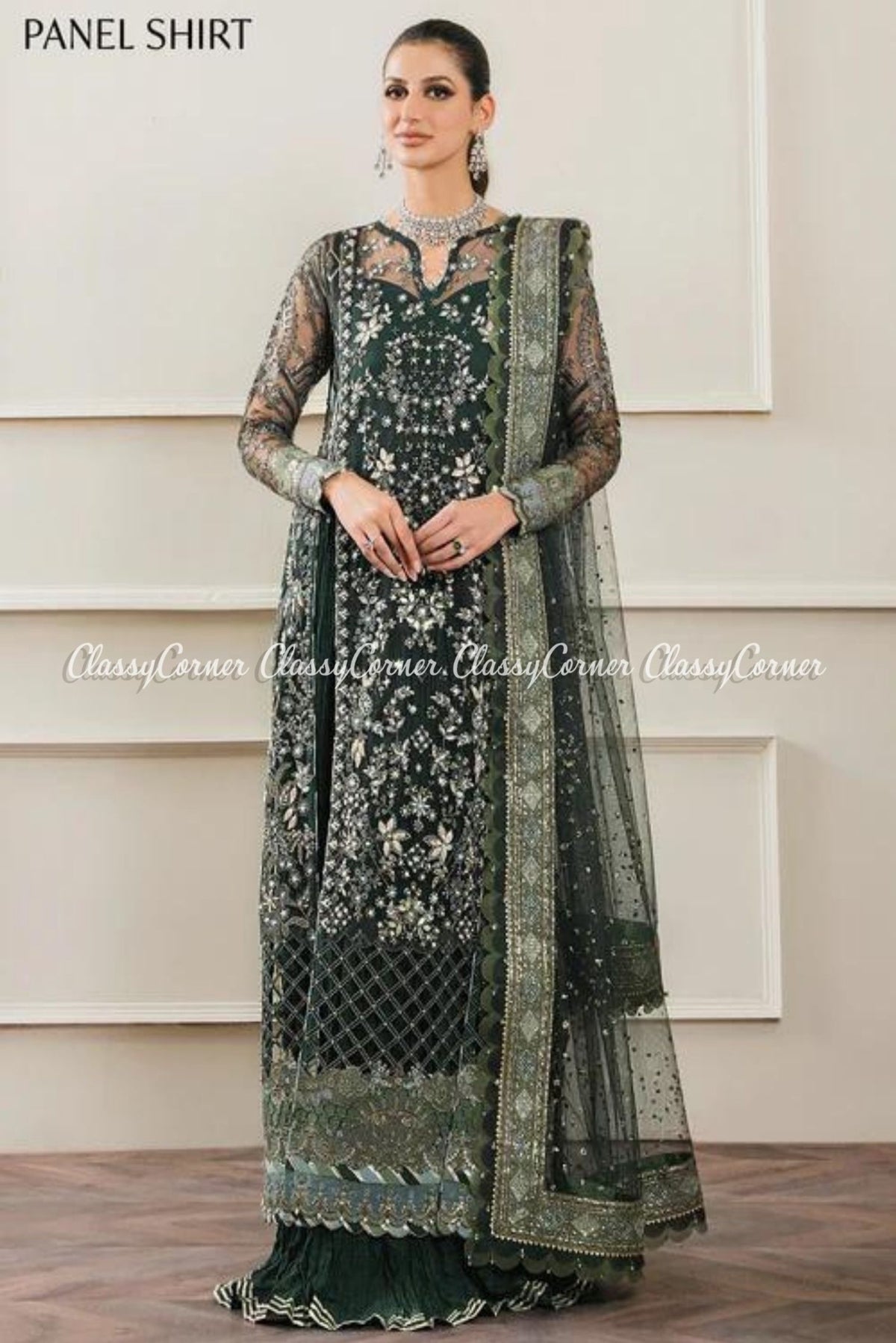 Dark Green Silver Net Embroidered Frock Sharara