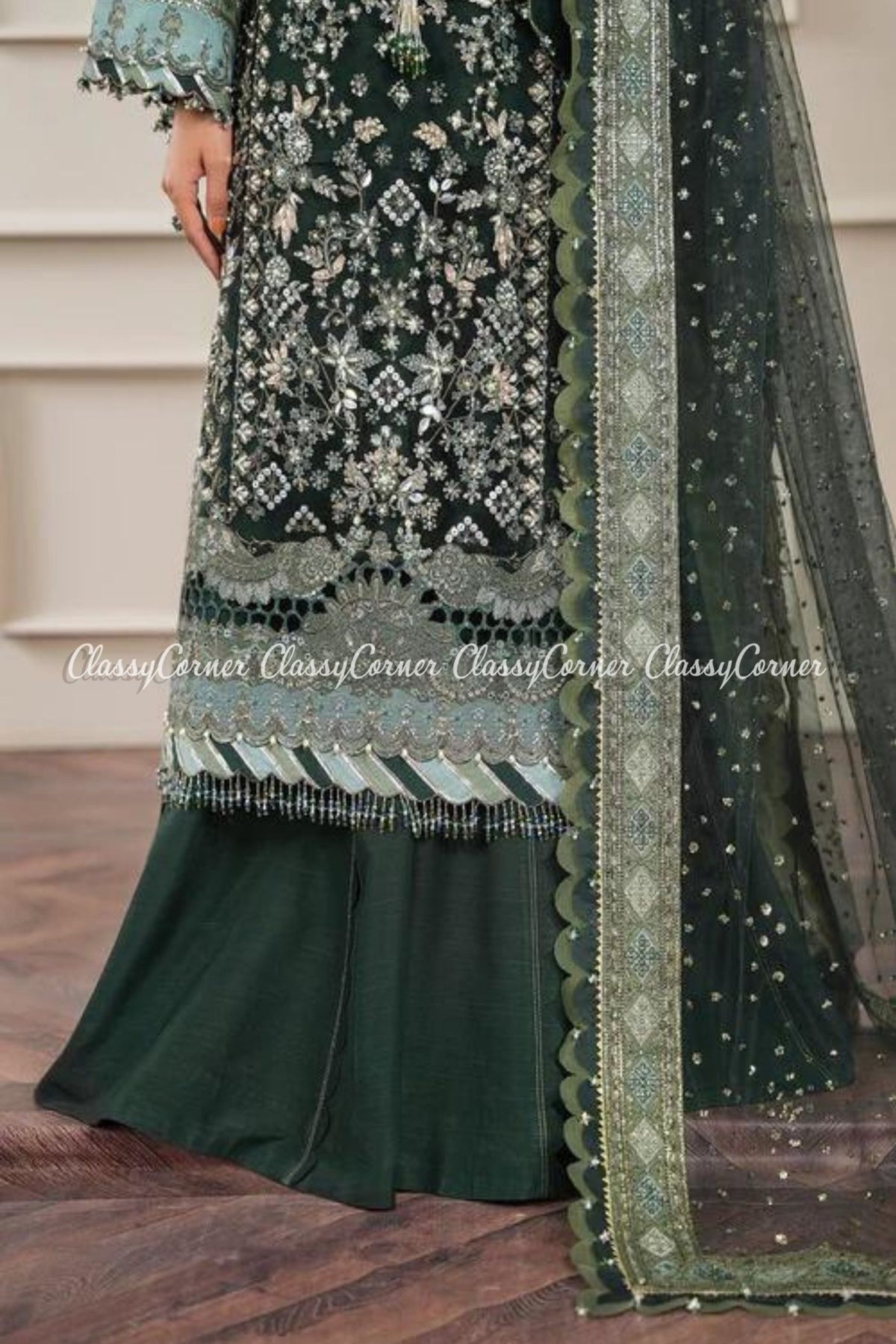 Dark Green Silver Net Embroidered Frock Sharara