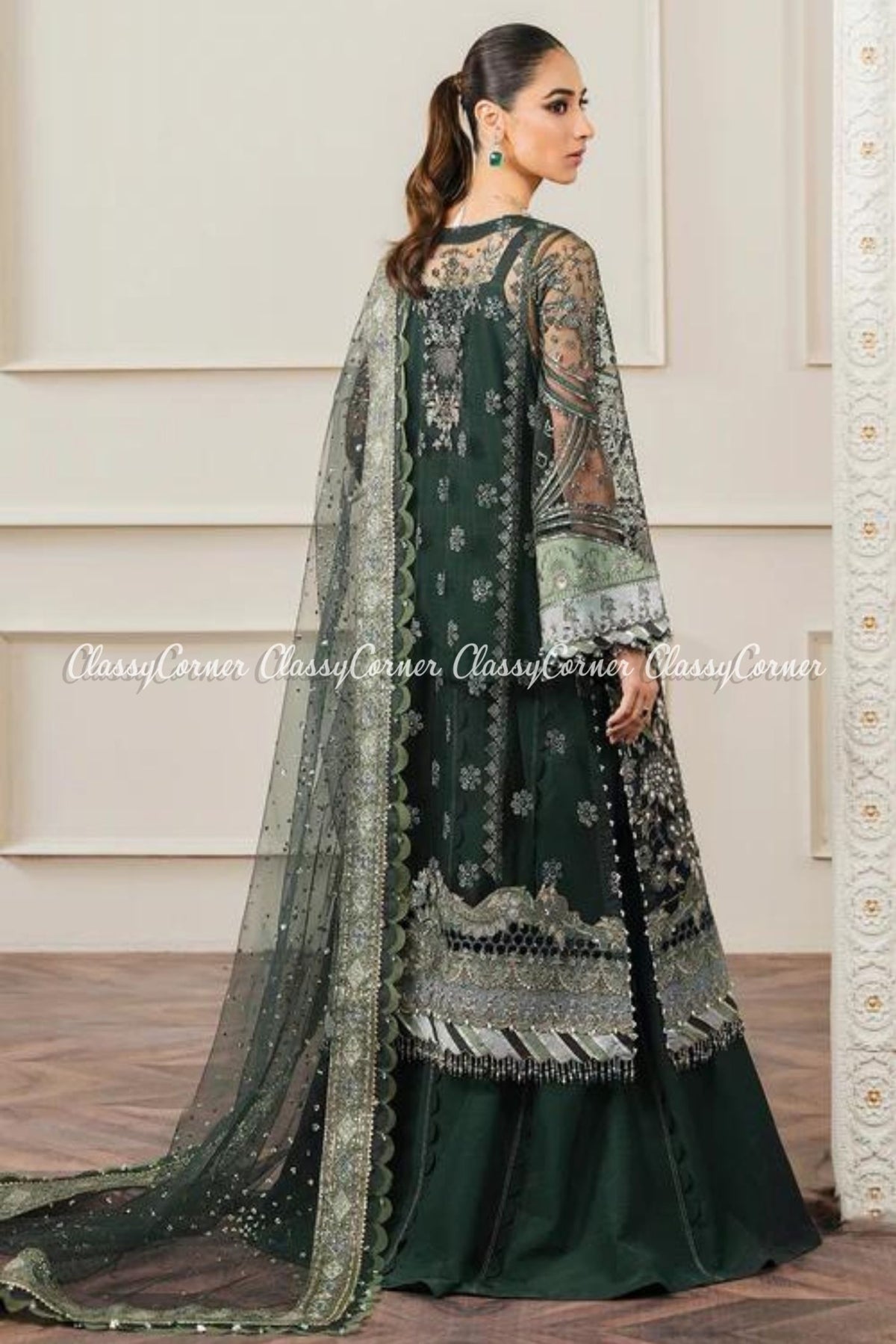 Dark Green Silver Net Embroidered Frock Sharara