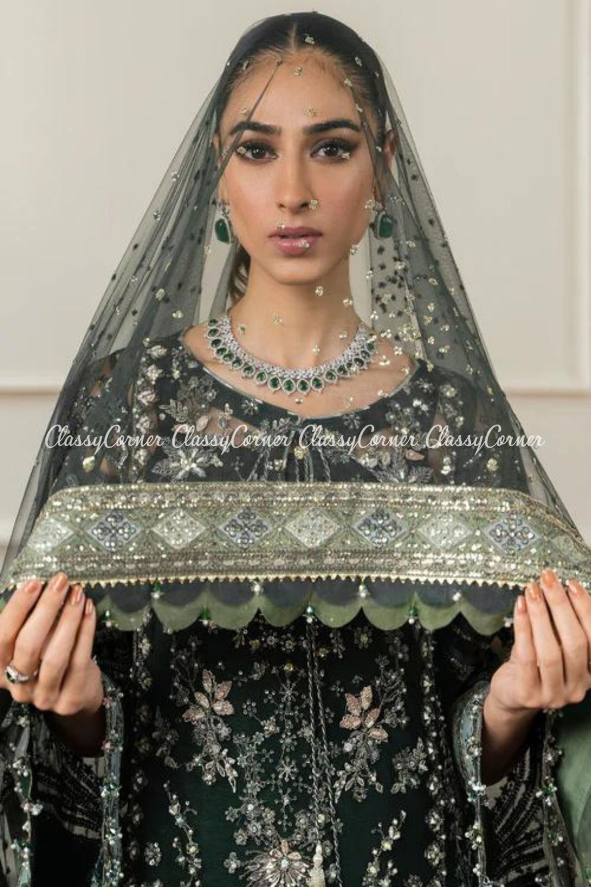 Dark Green Silver Net Embroidered Frock Sharara