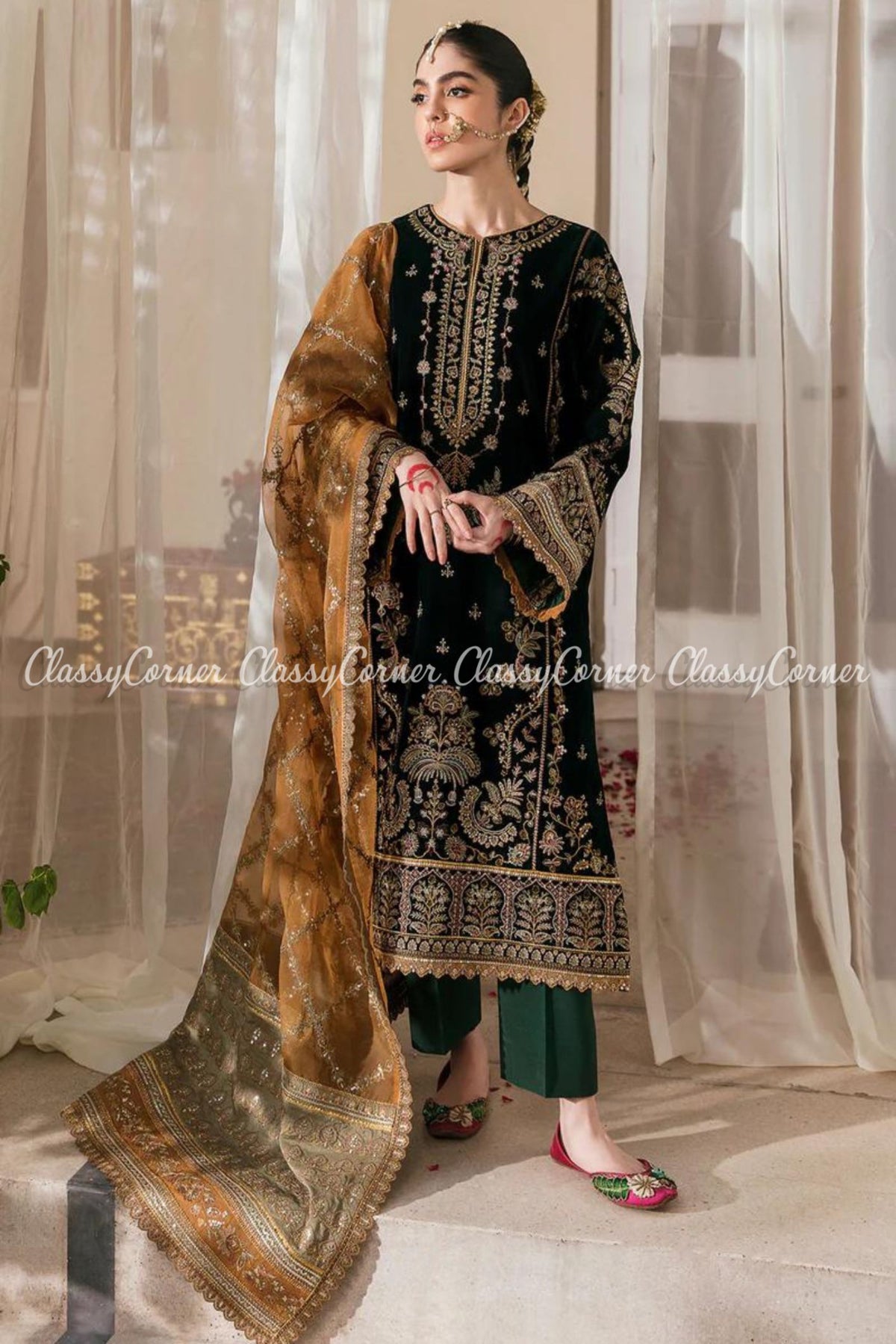 Dark Green Yellow Velvet Embroidered Party Wear Suit