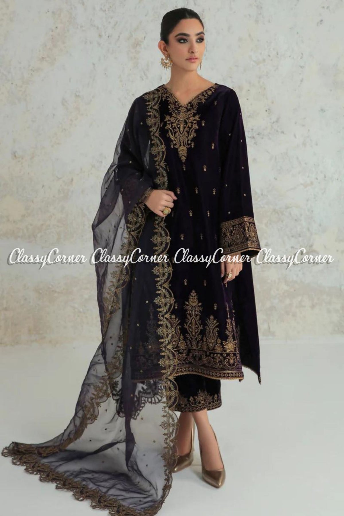 Dark Purple Velvet Embroidered Wedding Wear Suit