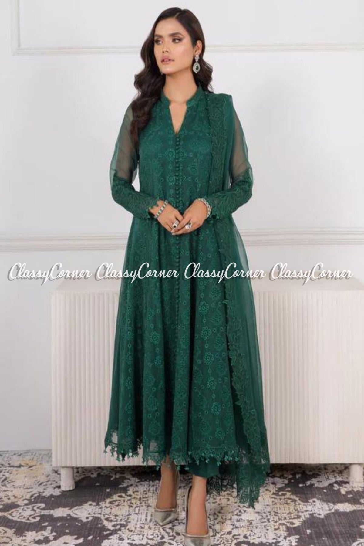 Forest Green Chiffon Embroidered Frock Style Suit