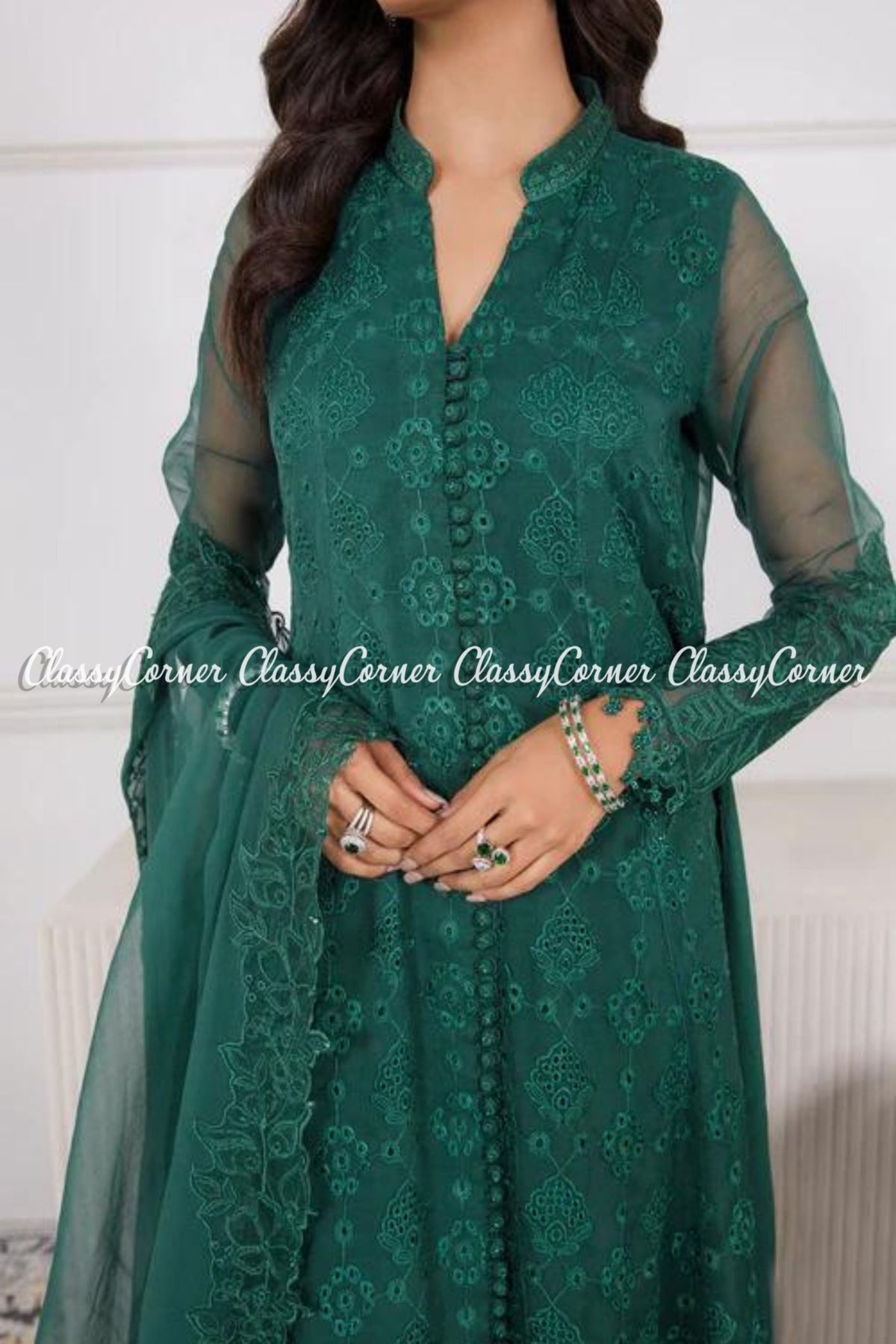 Forest Green Chiffon Embroidered Frock Style Suit