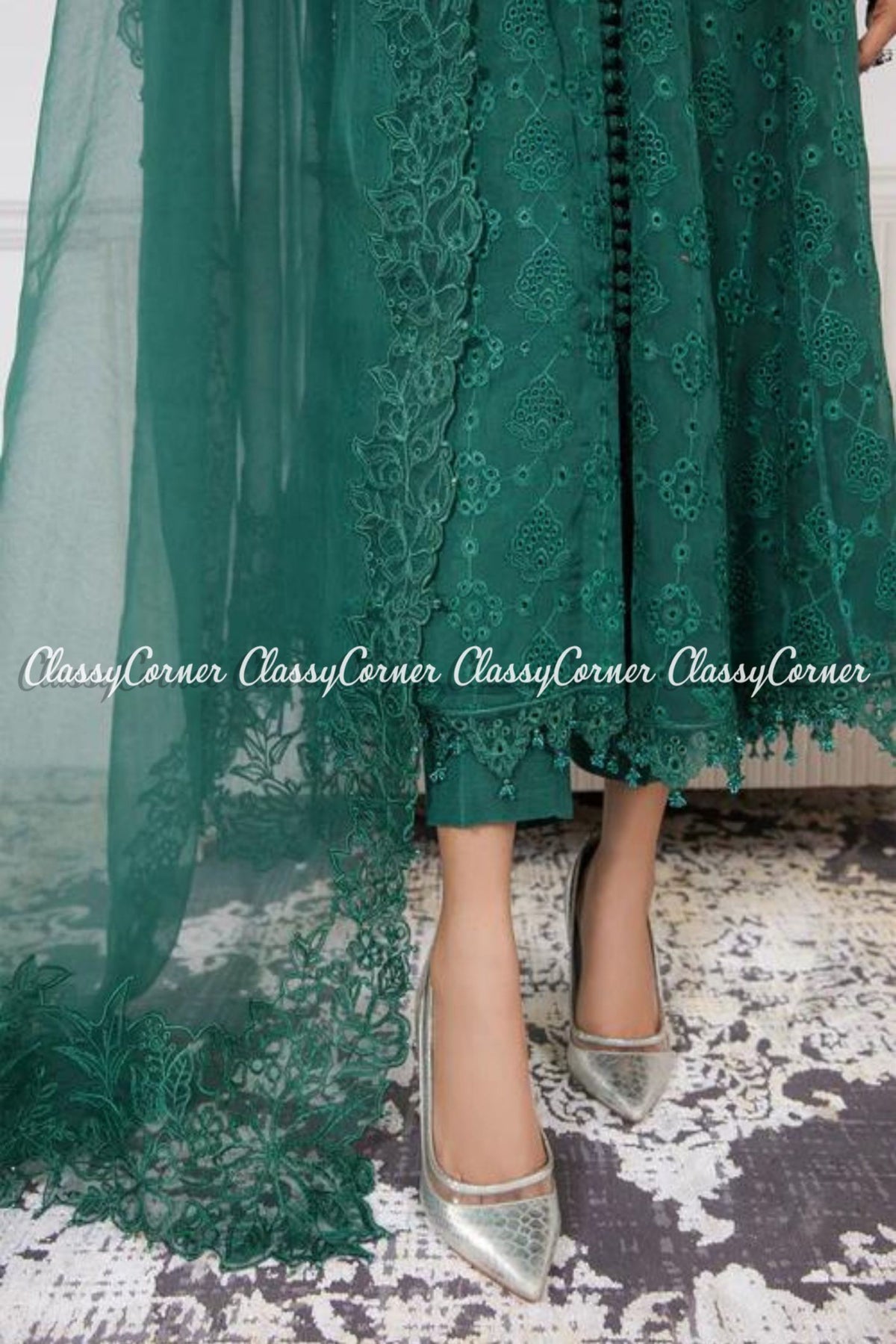 Forest Green Chiffon Embroidered Frock Style Suit