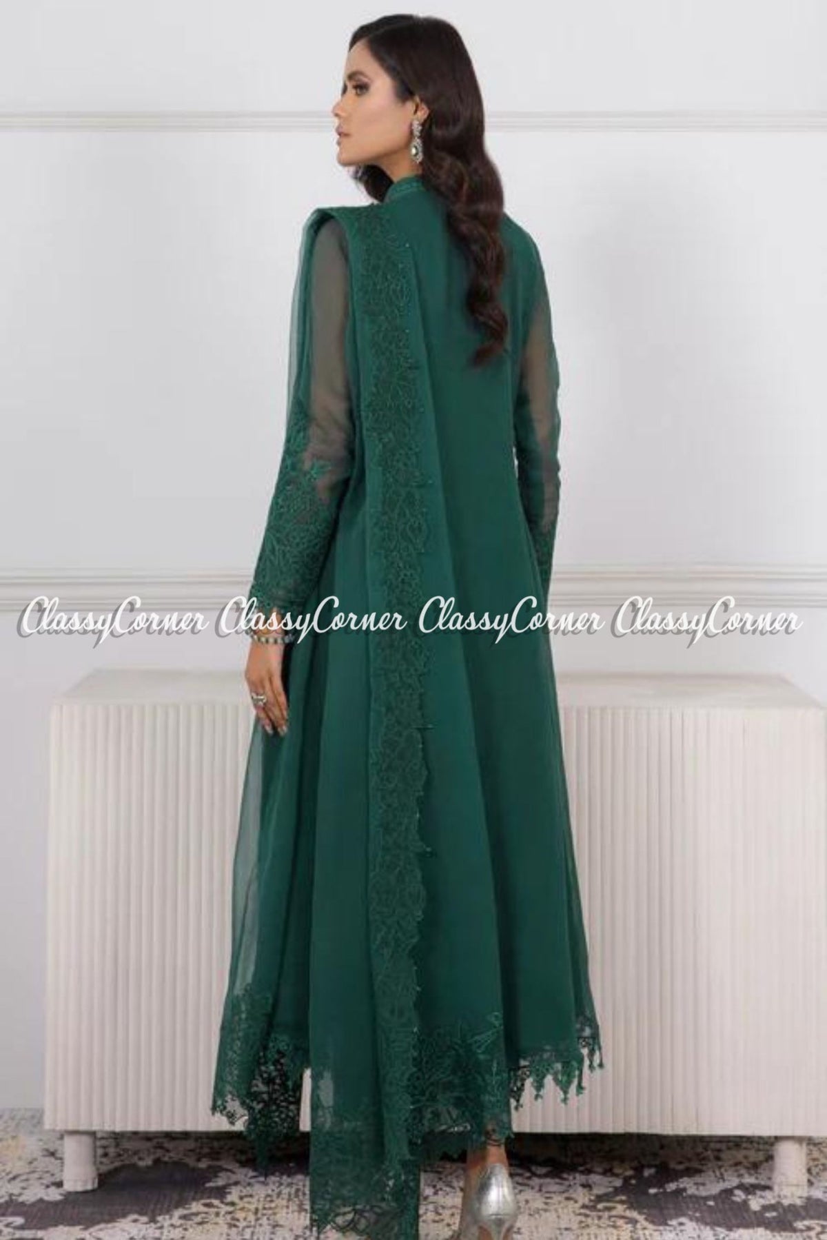 Forest Green Chiffon Embroidered Frock Style Suit