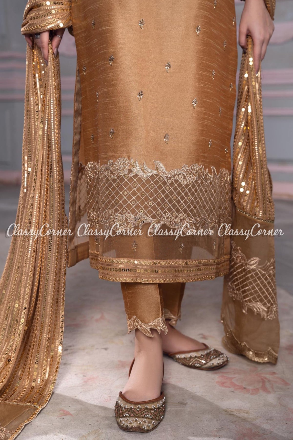 Gold Beige Raw Silk Readymade Salwar Kameez
