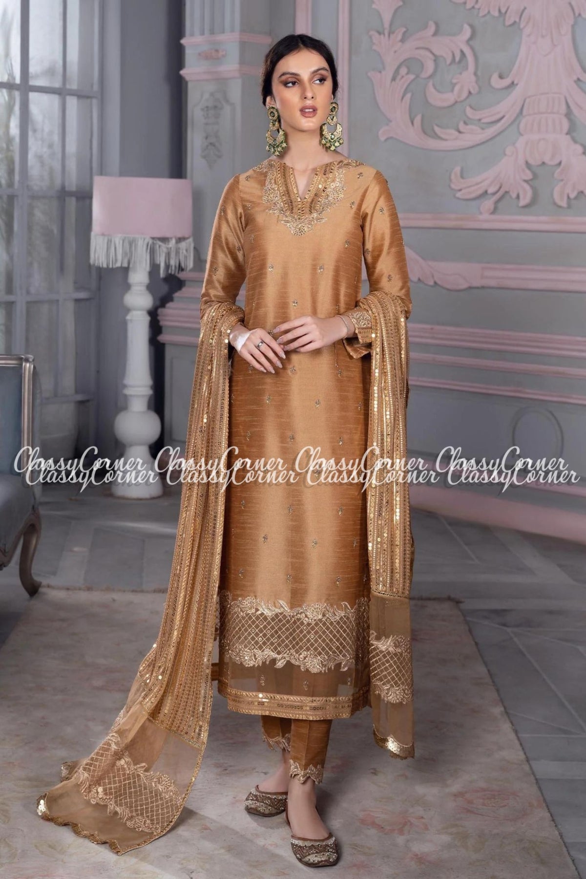 Gold Beige Raw Silk Readymade Salwar Kameez