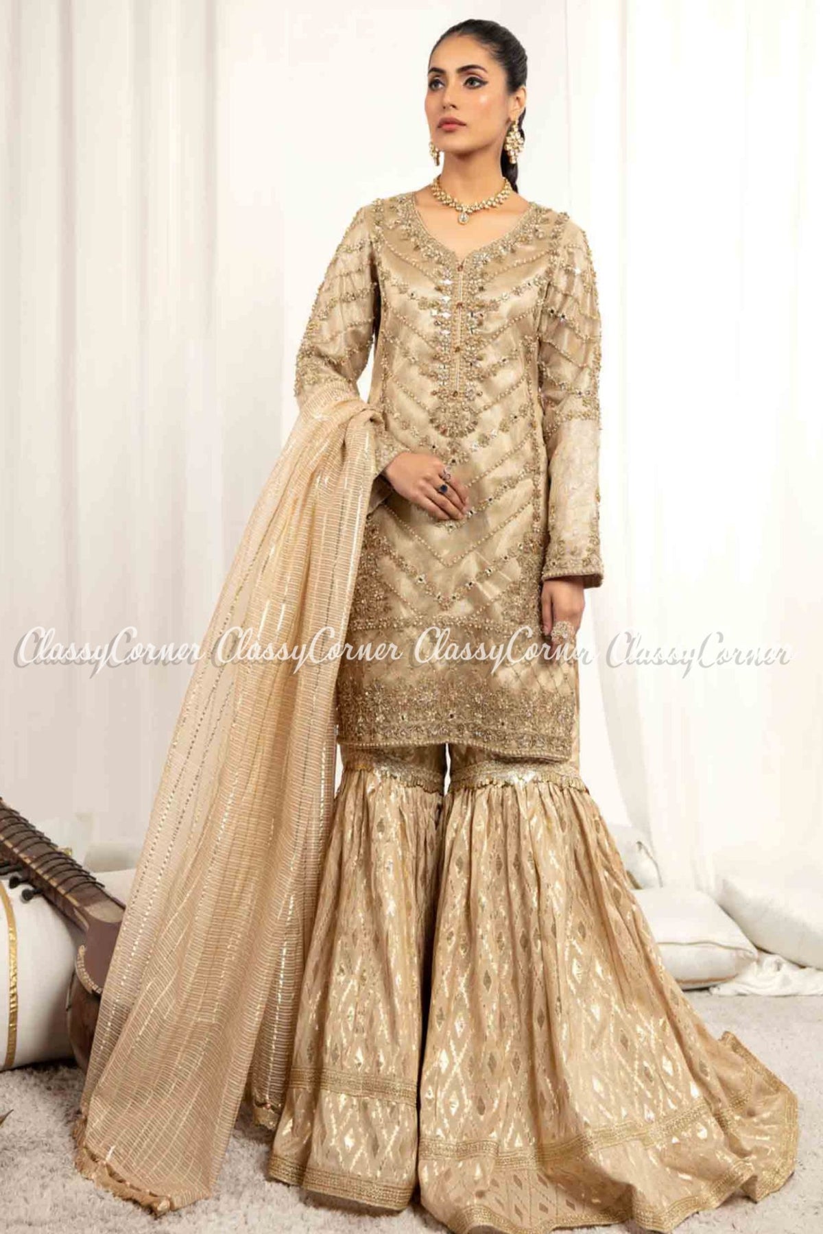 Beige Net Pakistani Wedding Wear Gharara Outfit